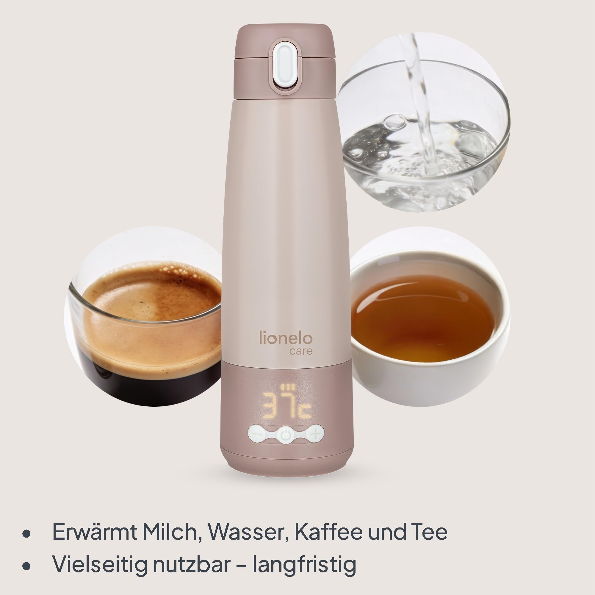 Lionelo Thermup Bottle tragbarer Babyflaschenwärmer für unterwegs, kabellos, Thermosflasche mit Heizfunktion, erwärmt Milch oder Wasser in 3,5 Min., 37–55 °C, Warmhalten bis 20 h, Edelstahl SUS316