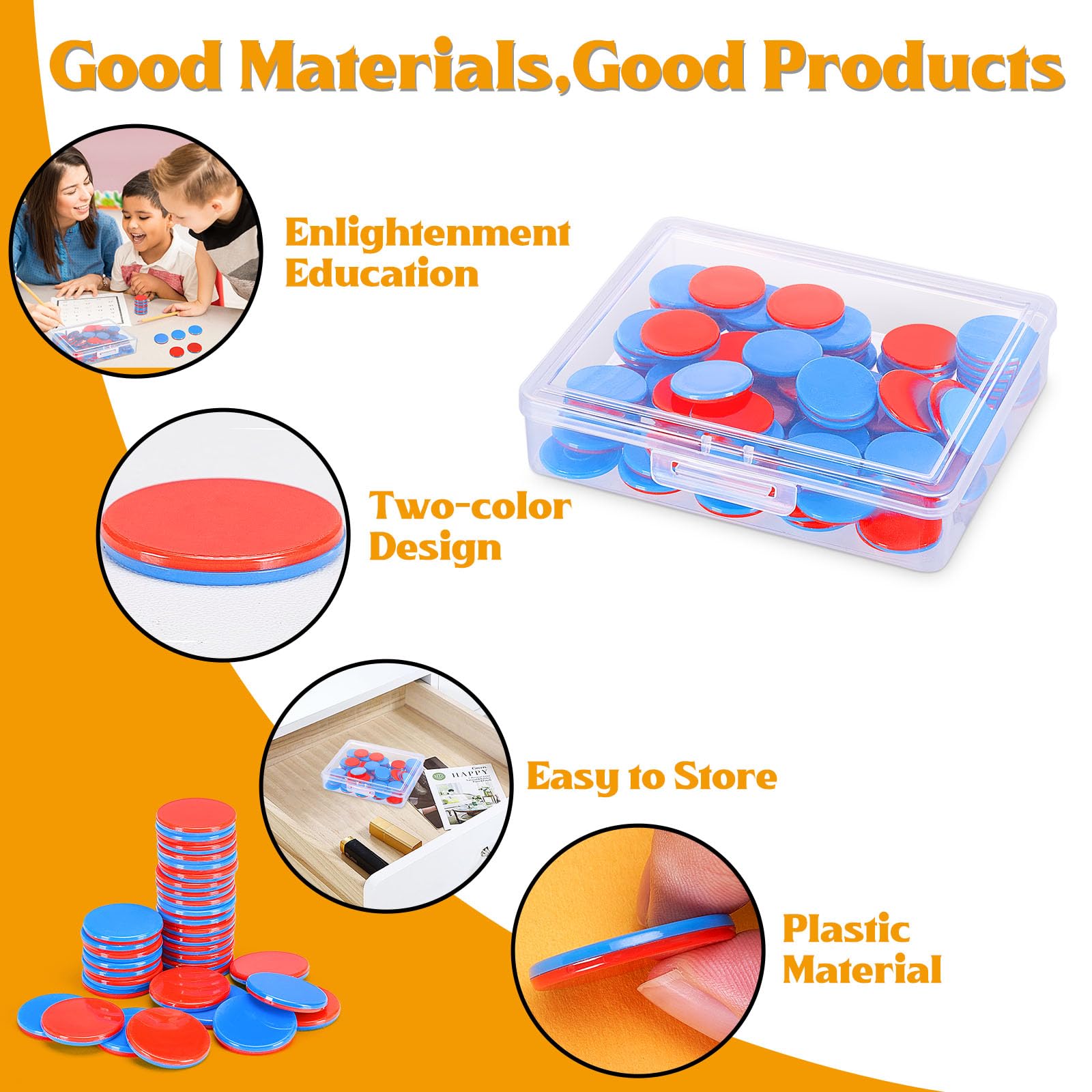 Gettoni reversibili in plastica rossa e blu per scuola primaria, contatore aritmetico con scatola