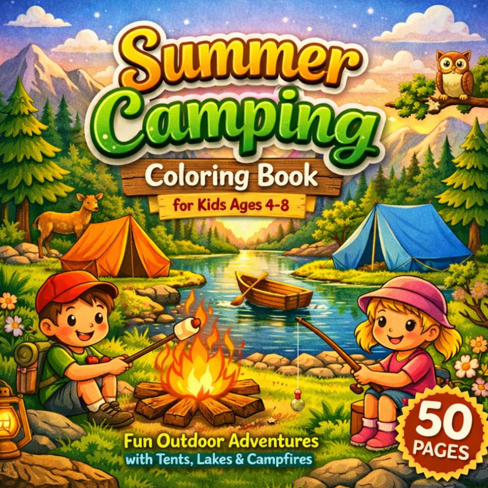 Summer Camping Coloring Book for Kids Ages 4–8: Simple & Bold Camping Scenes with Tents, Campfires, Lanterns & Outdoor Adventures