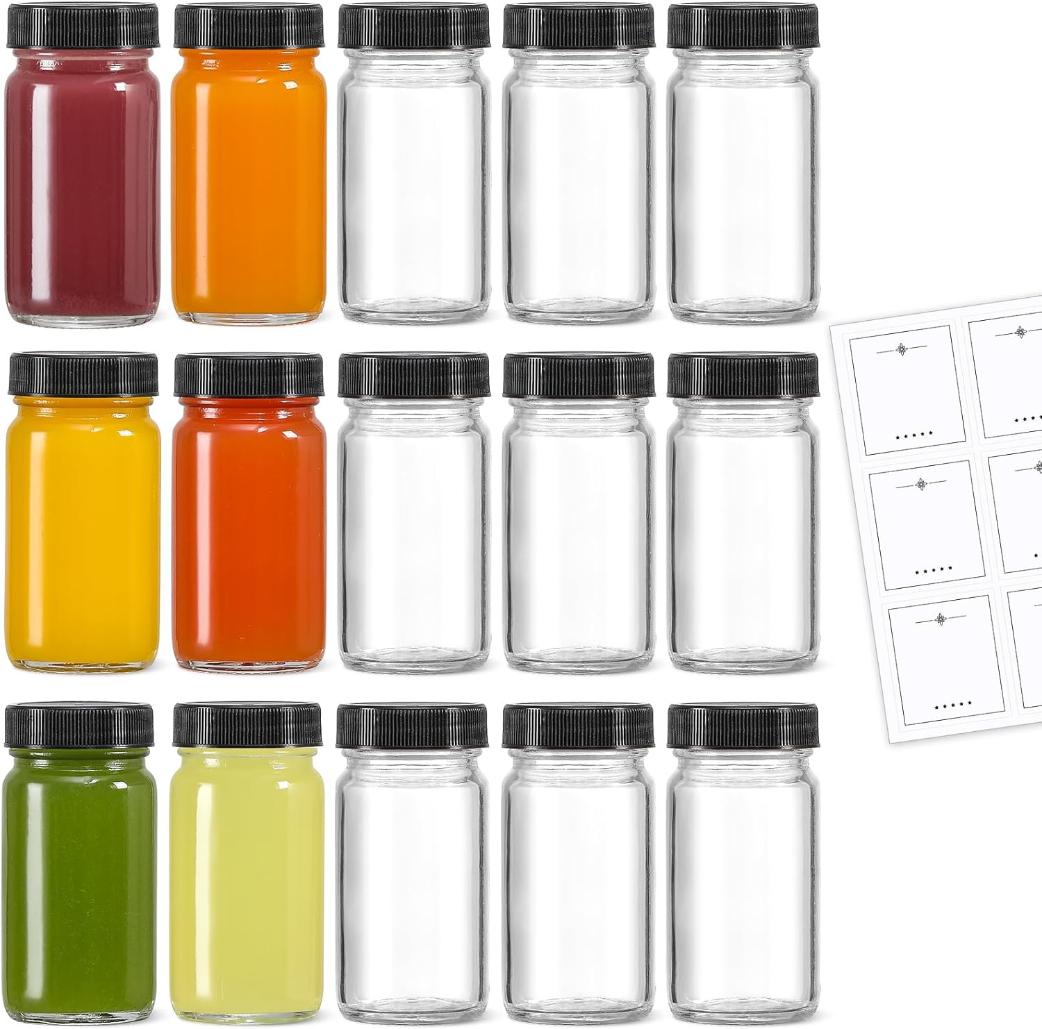 14Pack 2 oz Glass Shot Mini Bottles w/ Black Lids & 15 Labels - Small Clear Jar for Ginger, Wellness Shot, Juice, Sample, Whiskey - Travel Essentials - Wide Mouth, Leakproof, Dishwasher Safe