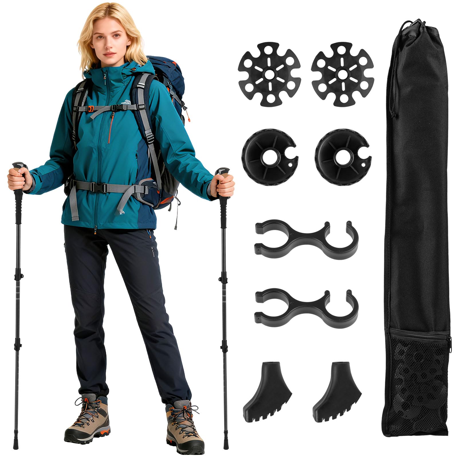 COSTWAY Bastones de Trekking de Aluminio, Bastones Marcha Nordica Plegables Ajustar la Longitud, Par de 2 con Empuñaduras de EVA y Corcho Natural, Bloqueo Rápido, Accesorios para Todo Terreno