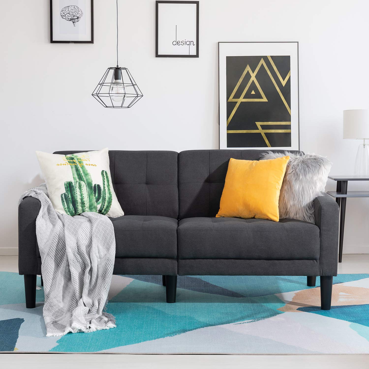 Shintenchi 63" Small Loveseat Sofa Couch, Mid Century Modern Couches for Small Space, Upholstered 2-Seat Livingroom Bedroom Accent Sofa,Dark Gray