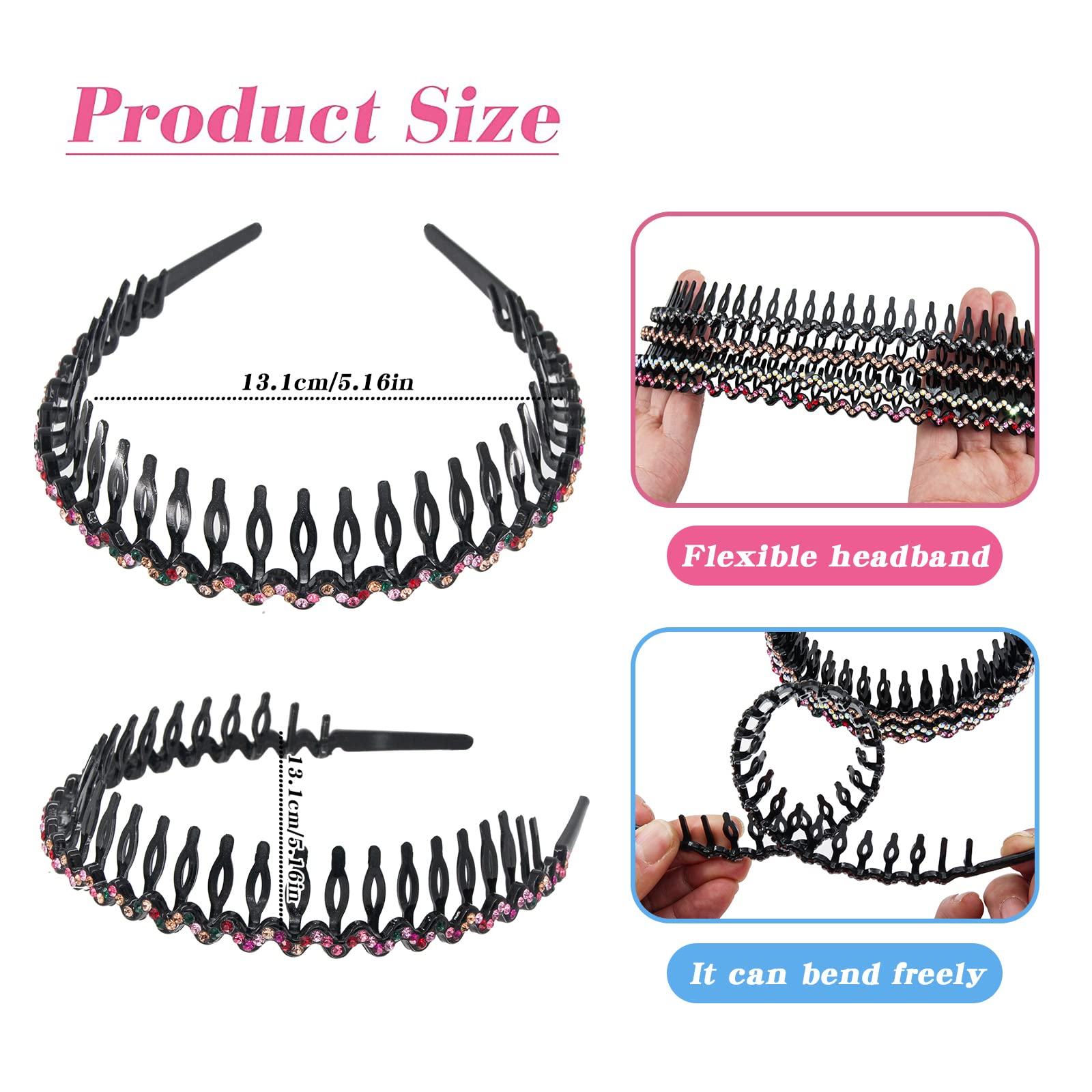 Set Di 4 Fasce Per Capelli Con Striscini Cristallo - Elastici Larghi Antiscivolo Per Donna E Ragazza - Bianco, Nero, Argento E Colorato