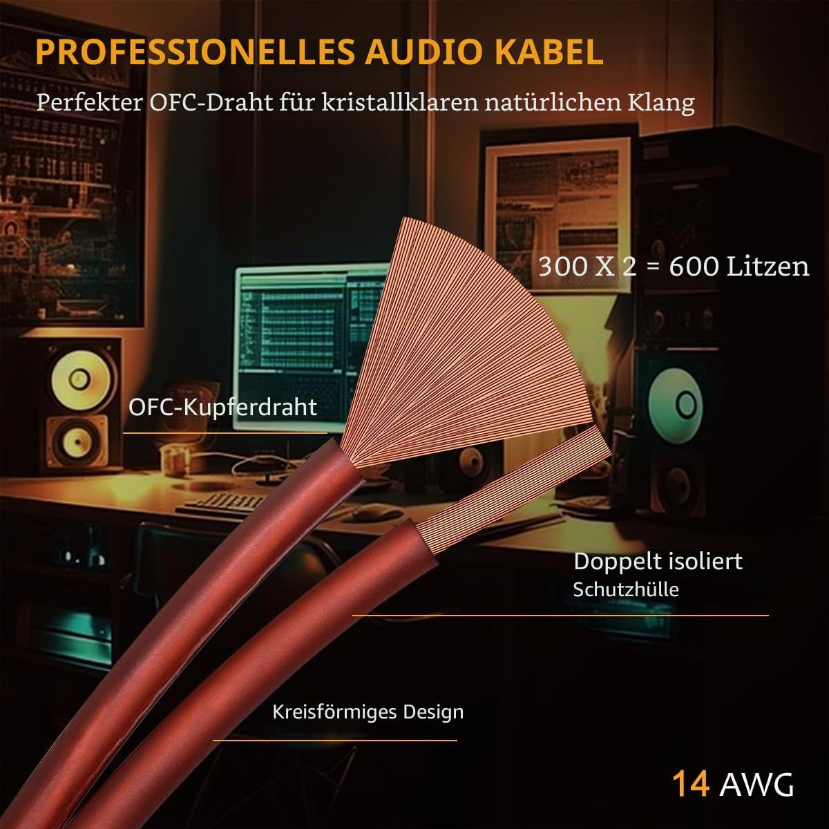 UCINNOVATE Lautsprecherkabel Mit Bananensteckern, 2 Stück, 3 M, 14 Gauge, Vergoldete Anschlüsse für Heimkino, HiFi- und Heim-Audio, OFC-Kabel für Amp
