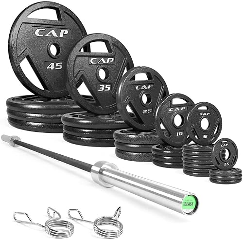 WF Athletic Supply Juego de placas de agarre olímpico de 2 pulgadas y 290 libras, 300 libras y 555 libras, con barra olímpica de 7 pies, ideal para