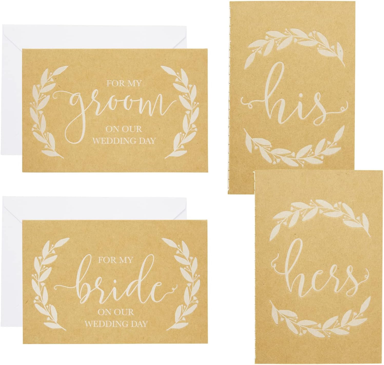 Pipilo Press 2 Pack Brown Kraft Wedding Vow Books for Him and Her, Includes 2 Cards and Envelopes (30 Pages)