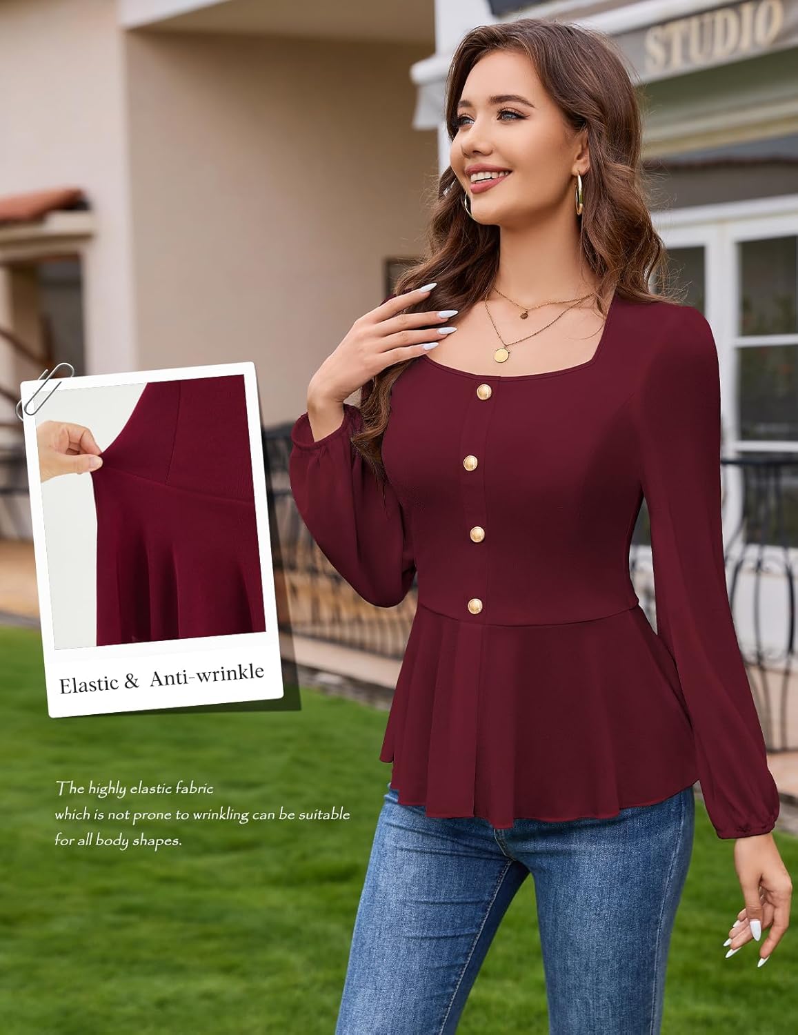 Bbonlinedress Womens Peplum Tops 2026 Long Sleeve Square Neck Dressy Casual Blouses Business Formal Work Top - Image 5