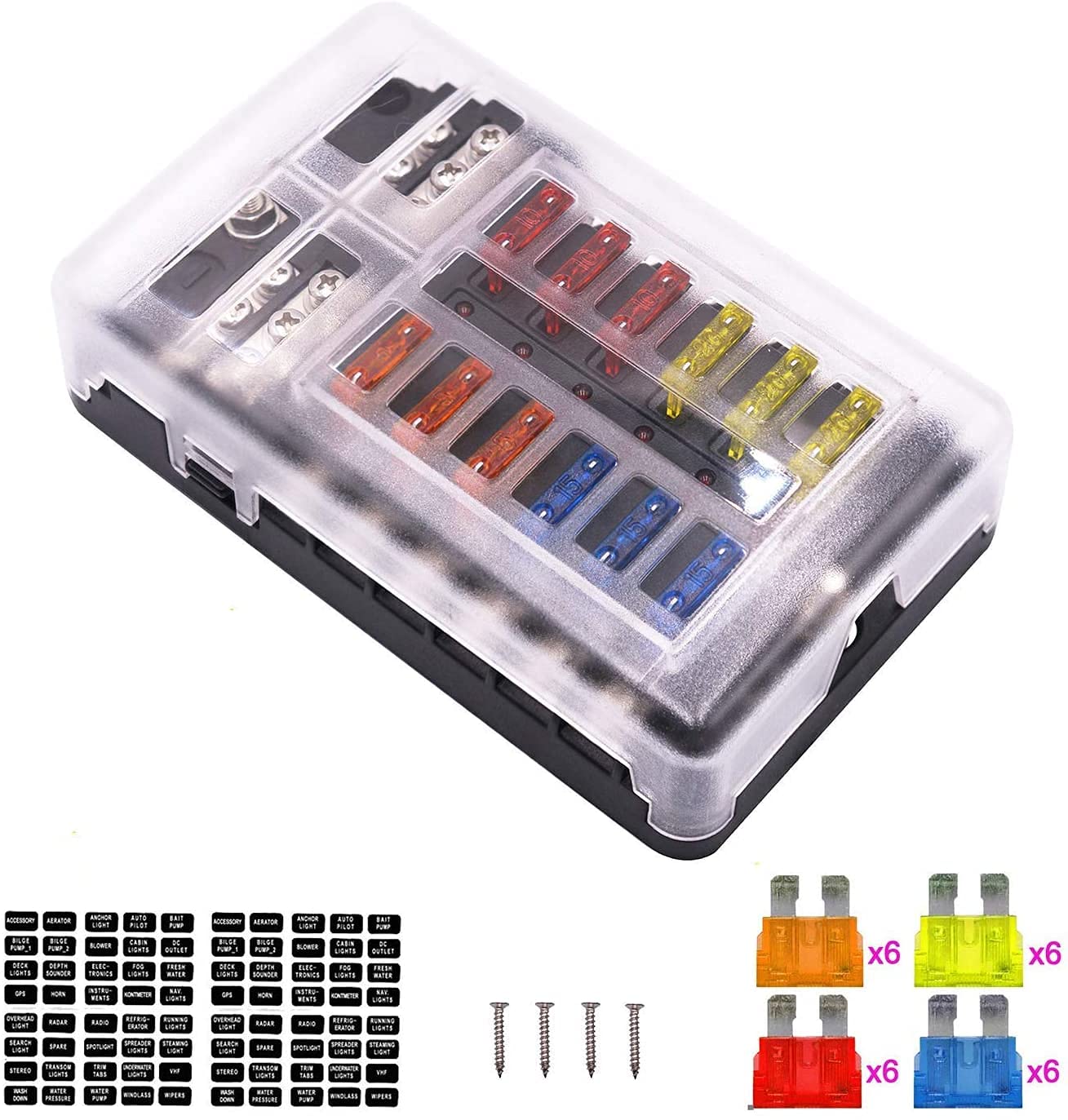 SOYOND 12-Way Waterproof Fuse Block,fuse Box With Led Indicator Damp-proof Cover 12 Circuits With Negative Marine Fuse Block For Dc 12/24v Automotive Car Marine Boat RV Truck, black