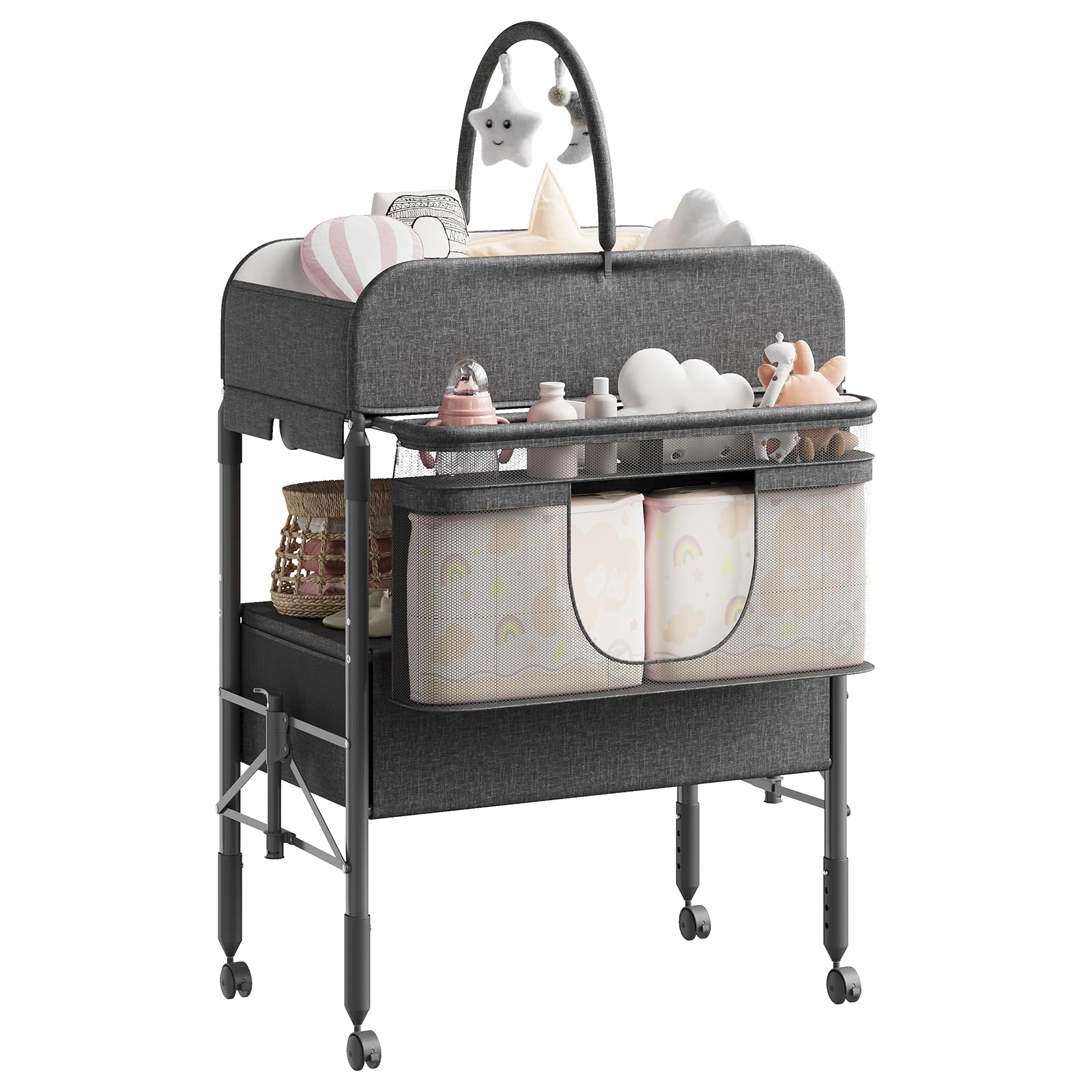 Cambiador Bebé Plegable con 2 Cajones, Altura Ajustable y Colchón Impermeable, Mueble Cambiador de Pañales Portátil con 4 Ruedas, Barra Colgante y Organizador de Guardería Salvaspazio, Gris Oscuro