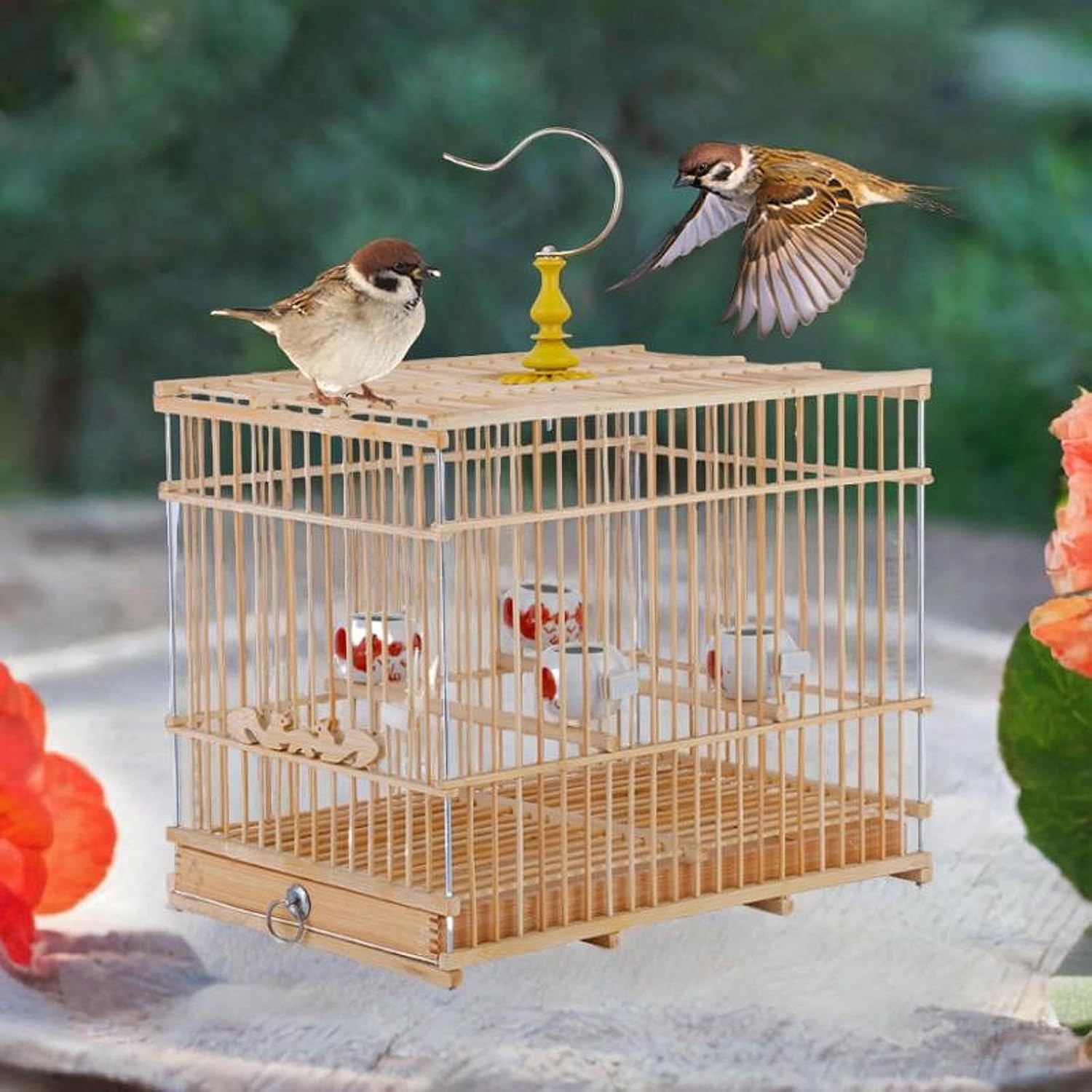 Bamboo Bird Cage Stand with Food Bowl & Perch - 11.81x7.87x9.45 inch Pet House for Parakeets Macaw African Grey Canary Cockatoos