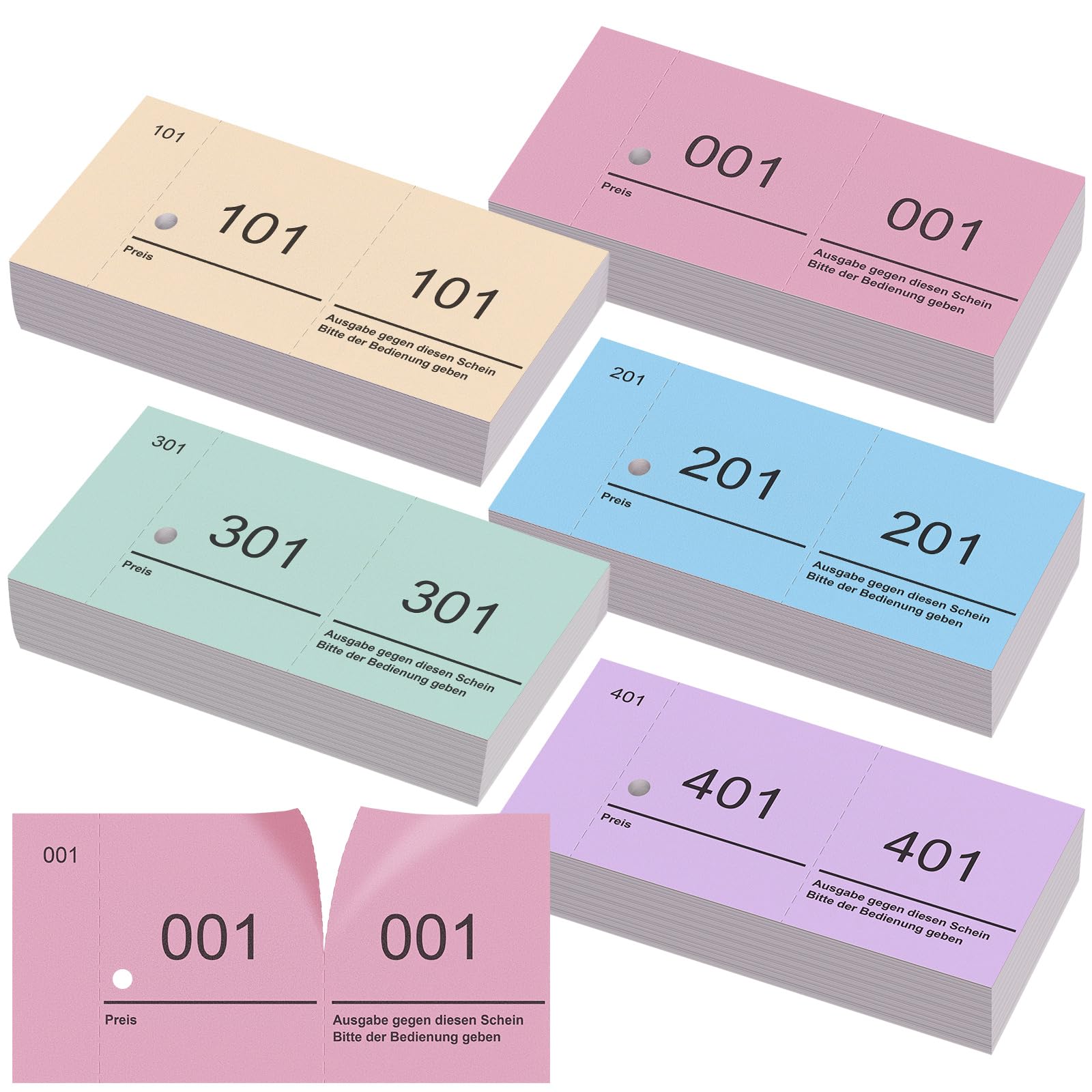 Nezyo Blocs Numérotés de Paquet de 5 Blocs Vendeurs 100 Feuillets Numérotés de 1 à 500 Doubles Numérotés Billet Vestiaire 10 cm X 5 cm pour Kermesse, Loterie(Couleur Simple,5)