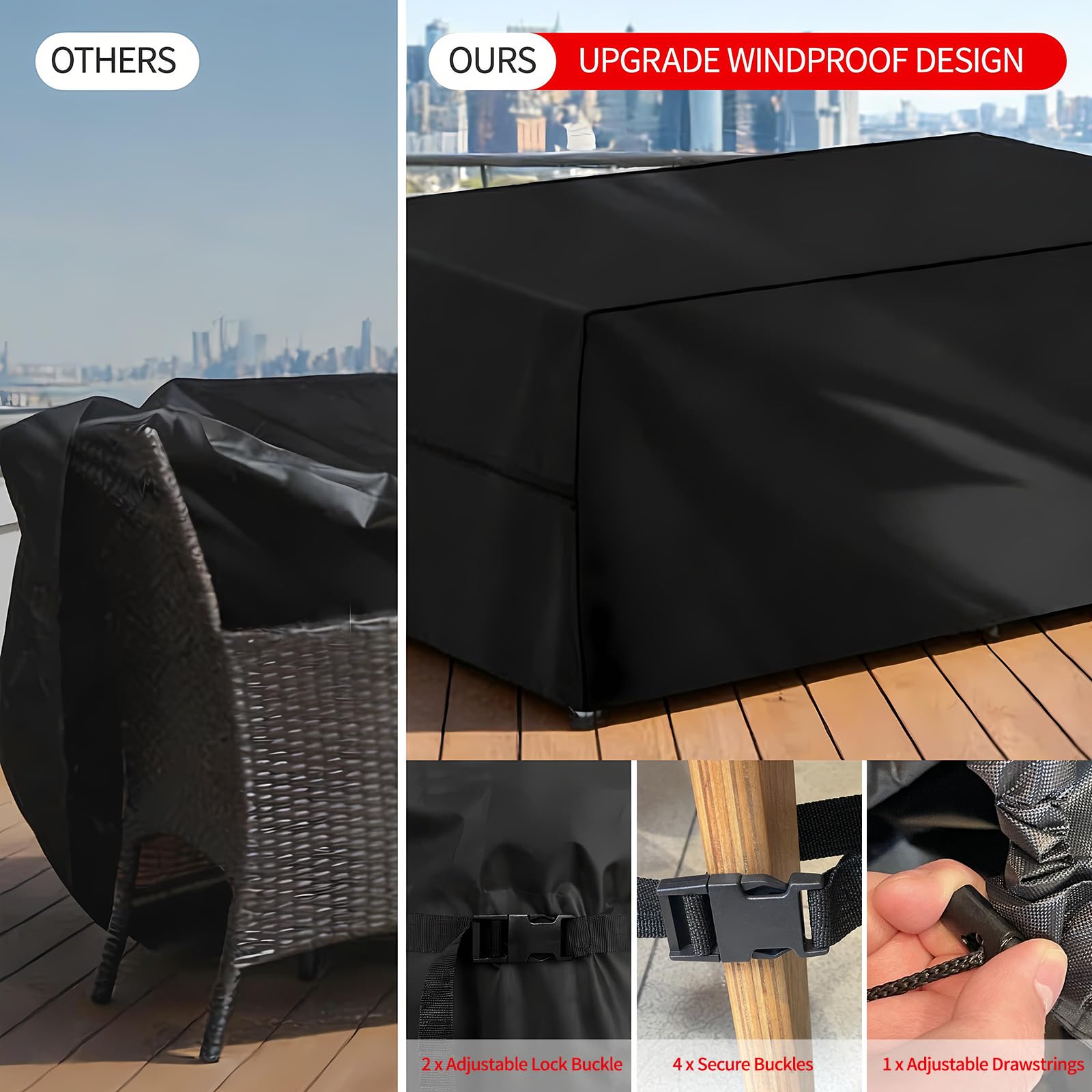 Copertura per Mobili da Giardino, 250 x 250 x 90 cm, Impermeabile Tessuto Oxford 420D Antivento Anti-UV Copertura Tavolo Esterno con Prese d'Aria, per Mobili da Giardino, Divano, Nero