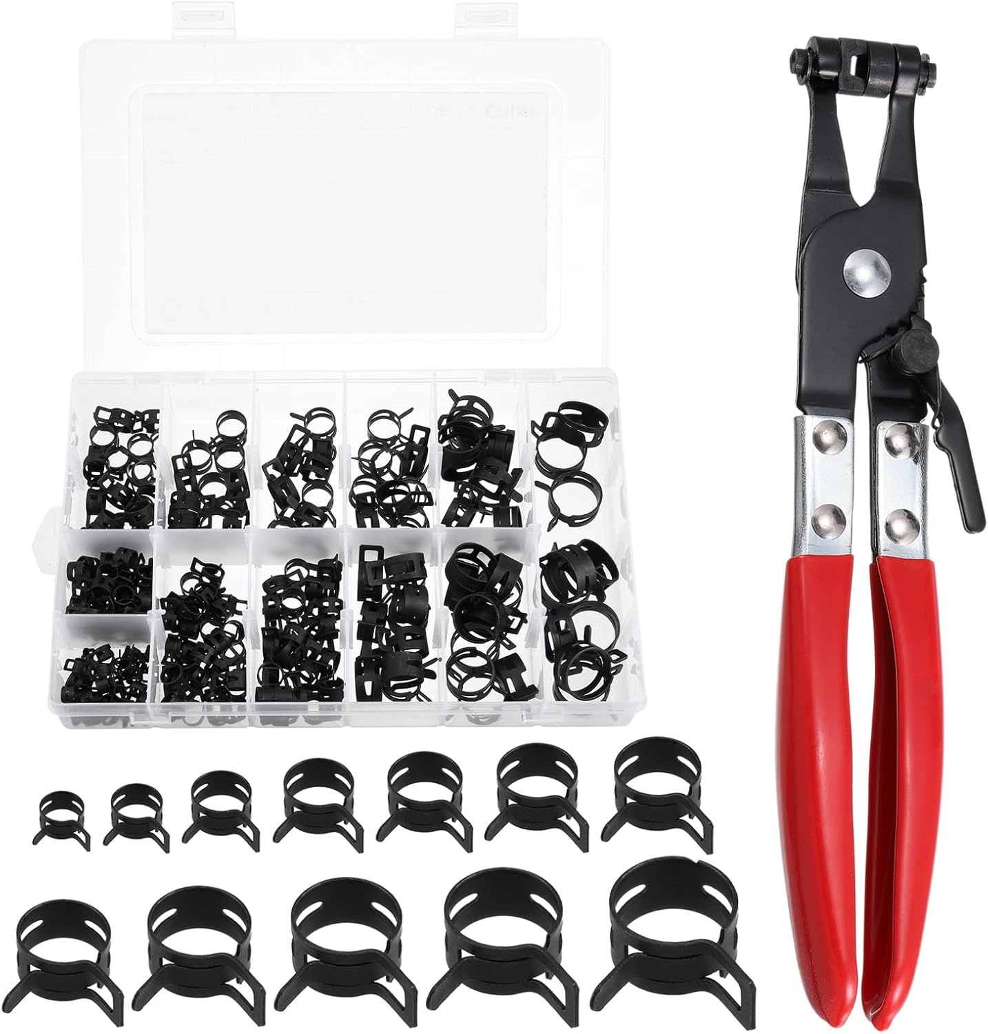 uxcell 210Pcs 7-25mm 12 Size Spring Band Hose Clamp with Swivel Clamp Plier Assortment Kits, Fuel/Silicone Vacuum Hose Pipe Clamp Low Pressure Air Clip Clamp, Black