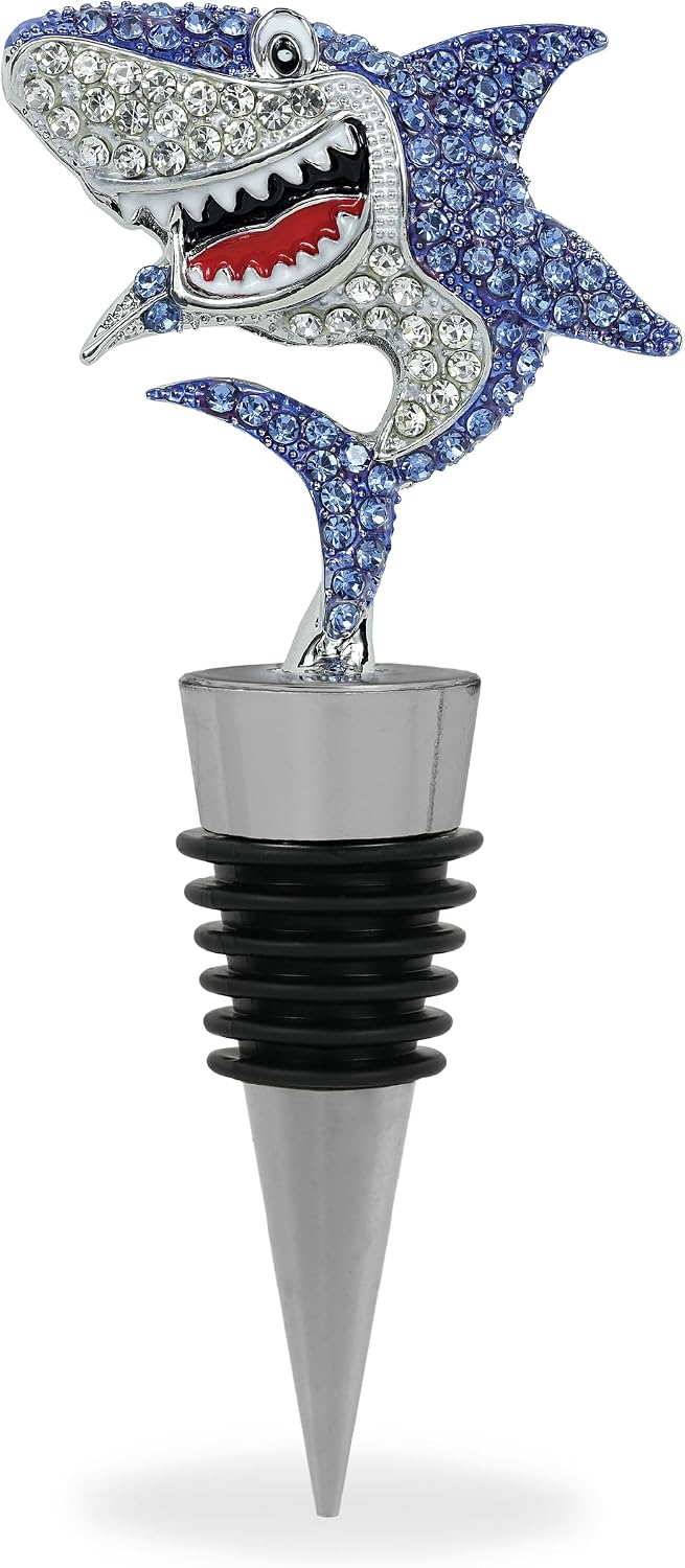 Cheers Silver Shark Wine Bottle Stopper with Rhinestone Crystals - Cute Sparkling Ocean Seal Topper for Wine Bottles, Unique Bar Gifts for Women and Men