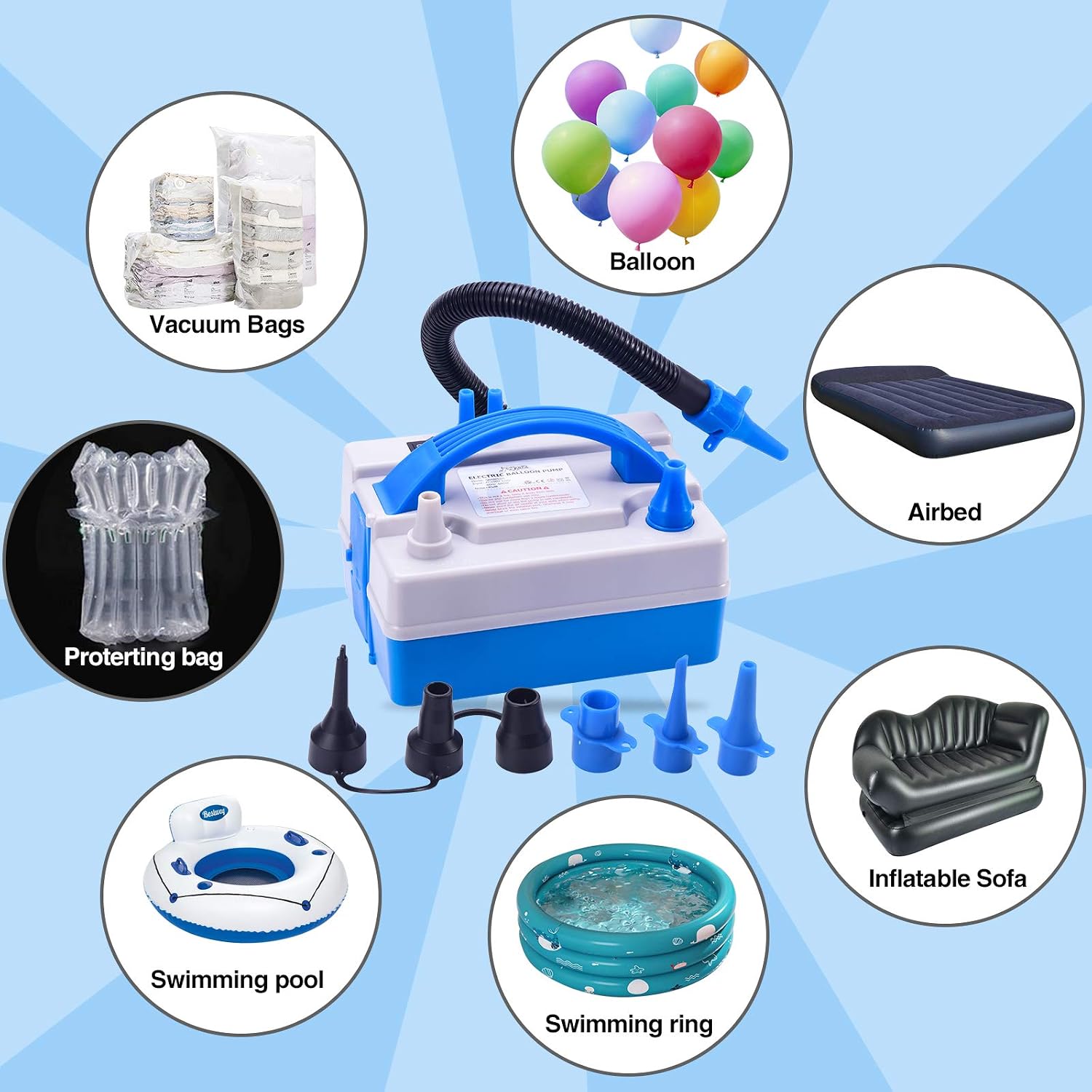 Joyjoz Balloon Pump, Electric Balloon Pump with Multipurpose Hose Extension, Portable Balloons Inflator with Nozzles for Inflatables Couch, Pool Floats, Inflatable Toy, Compression Bag
