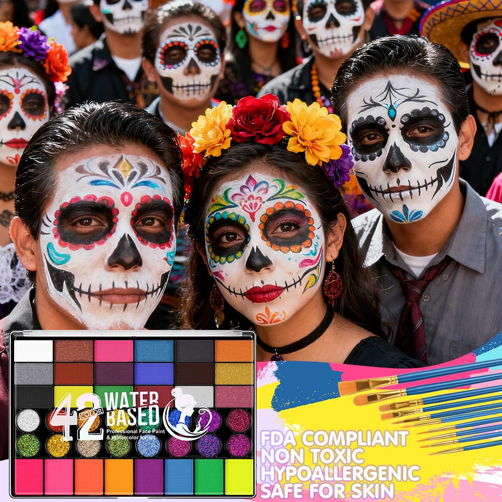 LOPHE Face Body Painting Kit | 42 Colour with 10 Brushes | Water Based Split Cake Palette for Kids Adults | Halloween, Cosplay & Party Makeup Set - Image 4