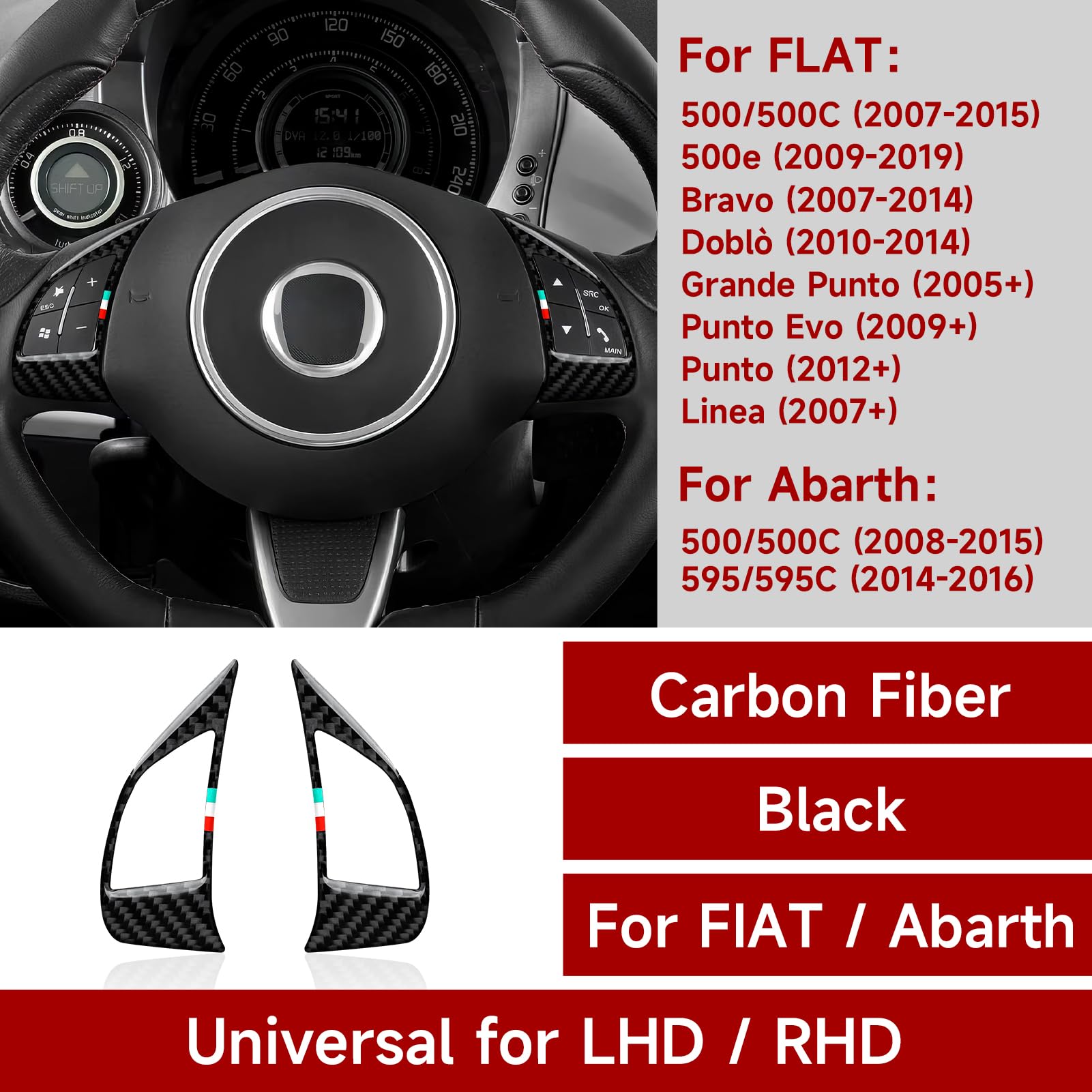 2 Pezzi Coprisedile Auto Adesivi per Volante in Fibra di Carbonio Compatibili con FIAT 500/500C (2007-2015)/500e (2009-2019) /Bravo/Grande Punto/Punto Evo/Punto Accessori