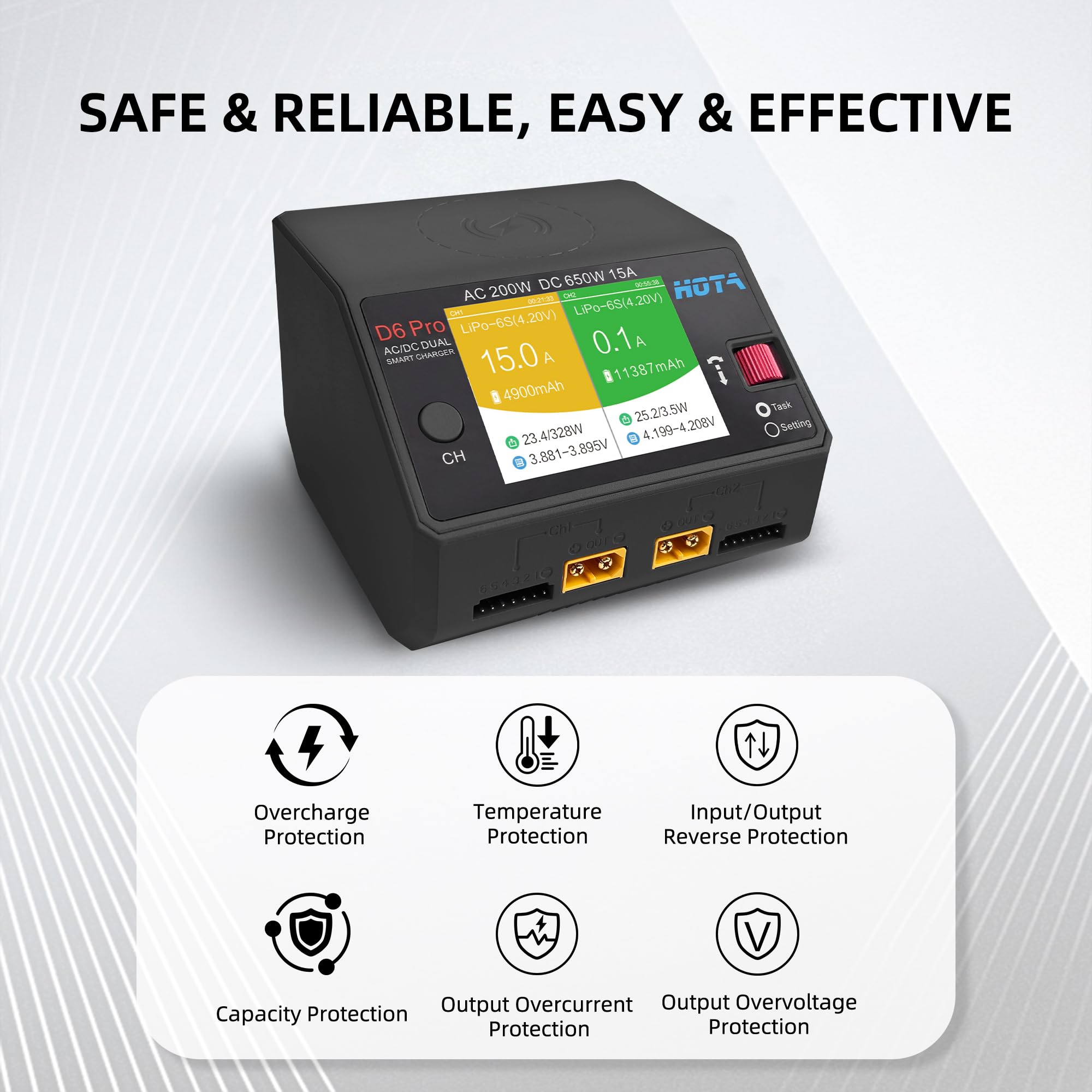 HOTA D6 Pro Dual Channel Smart Charger AC200W/DC650W (15A x2) - per 1-6S LiPo/LiHV/NiMH/Pb batteria, con LCD a colori, pannello di ricarica wireless e USB 5V - Compatibile con RC auto, barca, FPV
