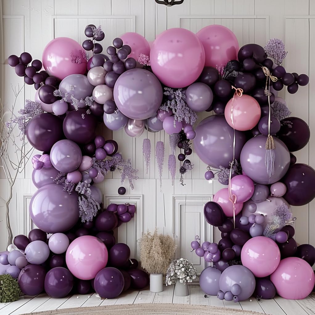 Dark Purple Pink Double Stuffed Balloon Garland Different Sizes 18In 12In 5In Pastel Balloon Arch Kit For Baby Shower Wedding Gender Reveal Birthday Party Decorations
