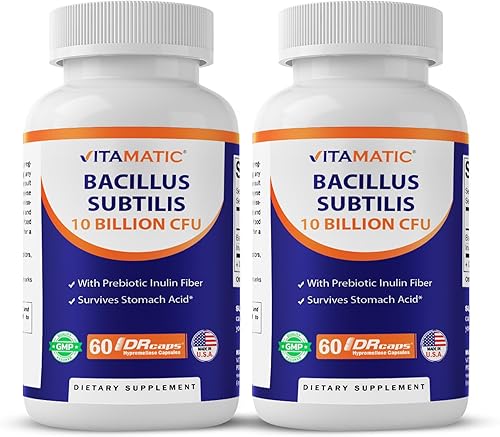 Vitamatic Bacillus Subtilis 10 mil millones por cápsula DR  60 unidades  Apoyo digestivo, intestinal e inmunitario  Fabricado con fibra de inulina