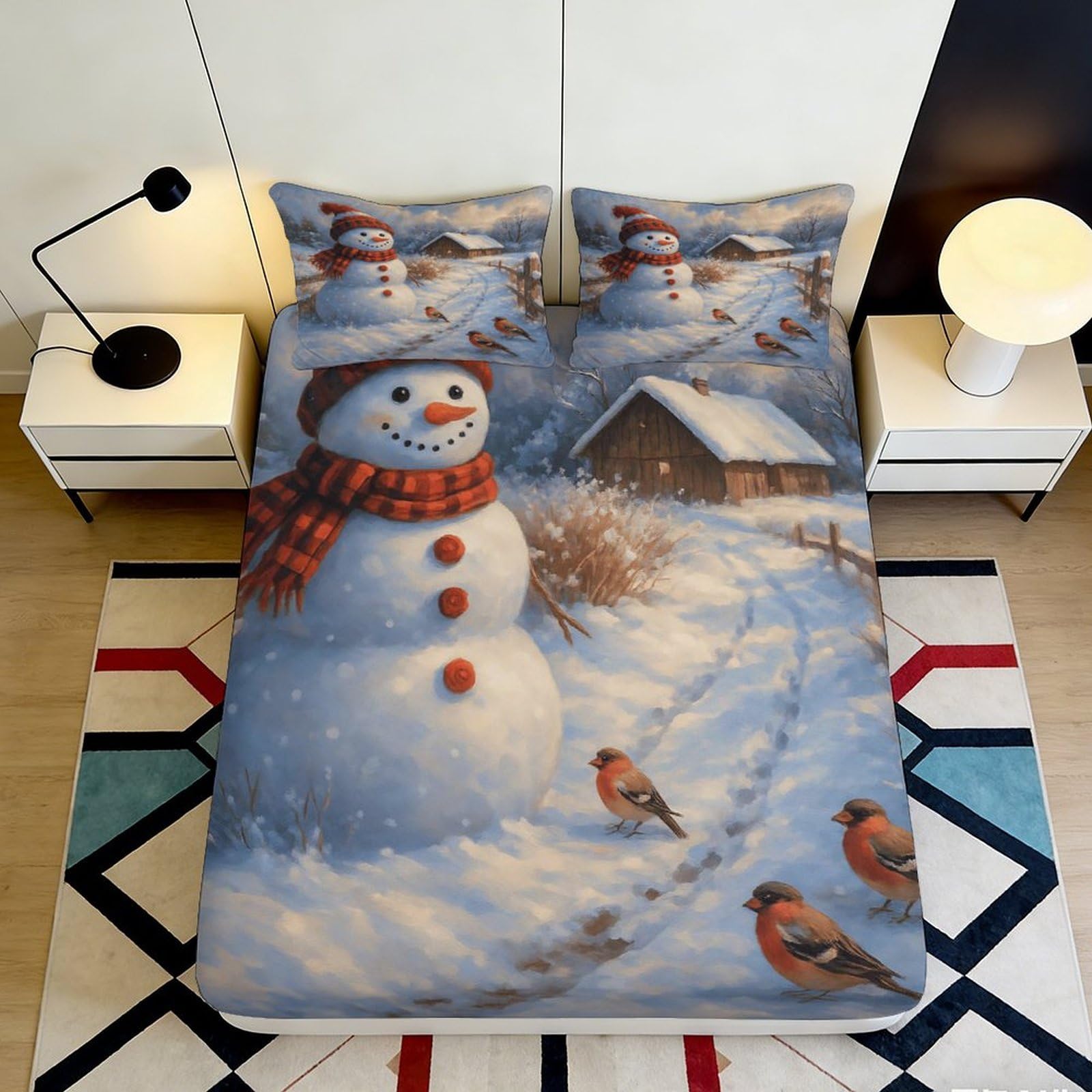 3D Printed Snowman Winter Scene Fitted Sheet Microfiber Soft Bedroom Decor Bird Cottage Mattress Cover for Home 90x200x25cm