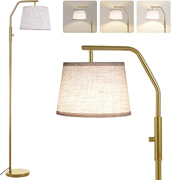 SUNMORY Floor Lamps for Living Room, 9W Bulb Included, Lamp for Bedroom with Adjust Head, Standing Lamp with Rotary Switch, 0-100% Dimmable Floor Lamp for Living Room Bedroom Office Nursery, Gold.