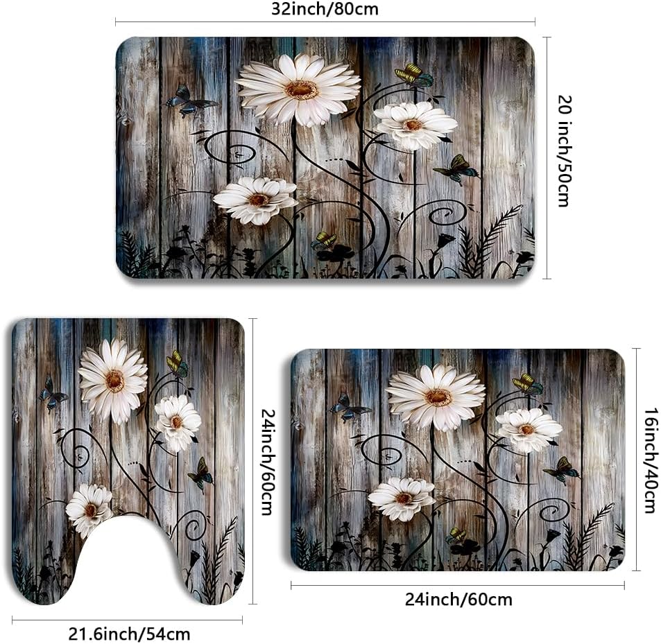 Rustic Farmhouse Bathroom Mats Sets 3 Piece, Grey Daisy Floral Butterfly Bath Mat American Country Farm Thin Rubber Diatomaceous Earth Quick Dry Rugs for Bathroom Decor image 2