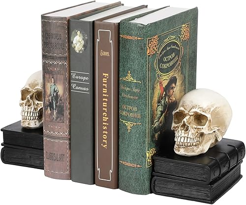 MyGift Sujetalibros apilados de calavera de estilo vintage en negro Estatua de cabeza humana de esqueleto de resina novedosa decoración de