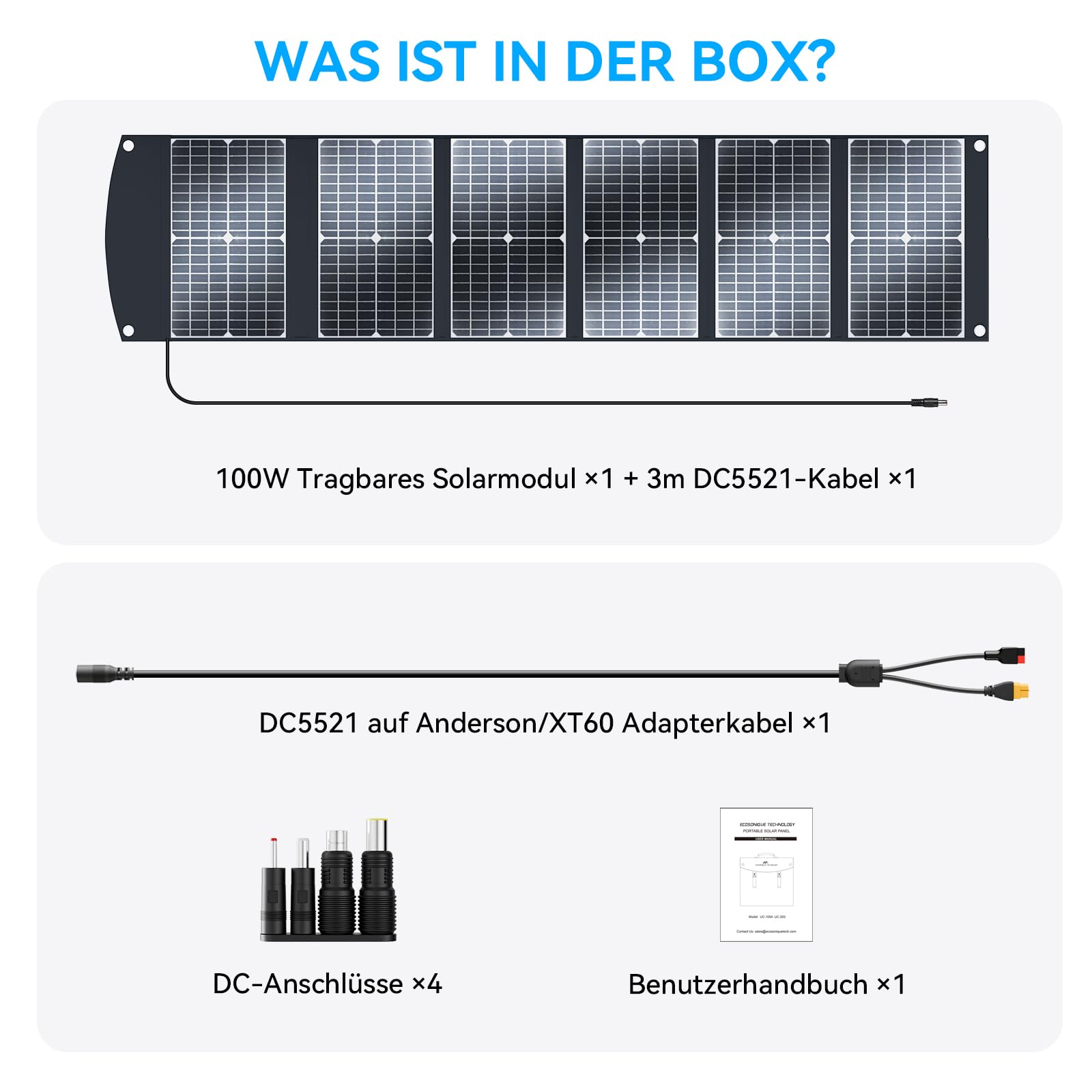 Ecosonique 100W Faltbares Solarpanel, 23,5% Wirkungsgrad, Monokristallin Solarmodul mit USB-C PD3.0 USB-A QC3.0 20V DC Ausgang