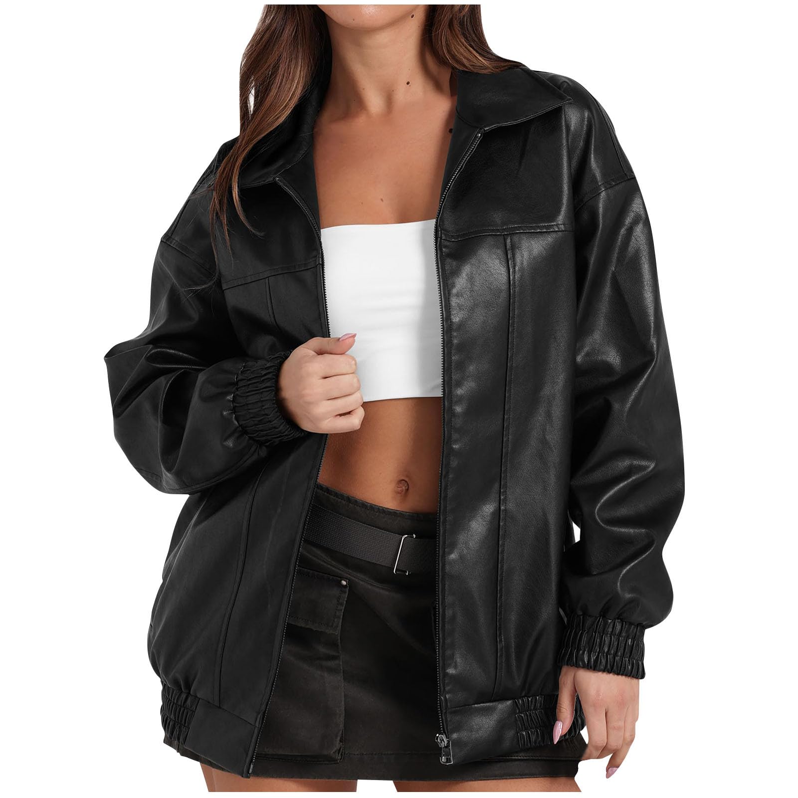 Leather Jacket Women 2024 Trendy Motorcycle Jackets Zip Up Moto Biker Coat Fall Clothes Oversized Faux Leather Jacket