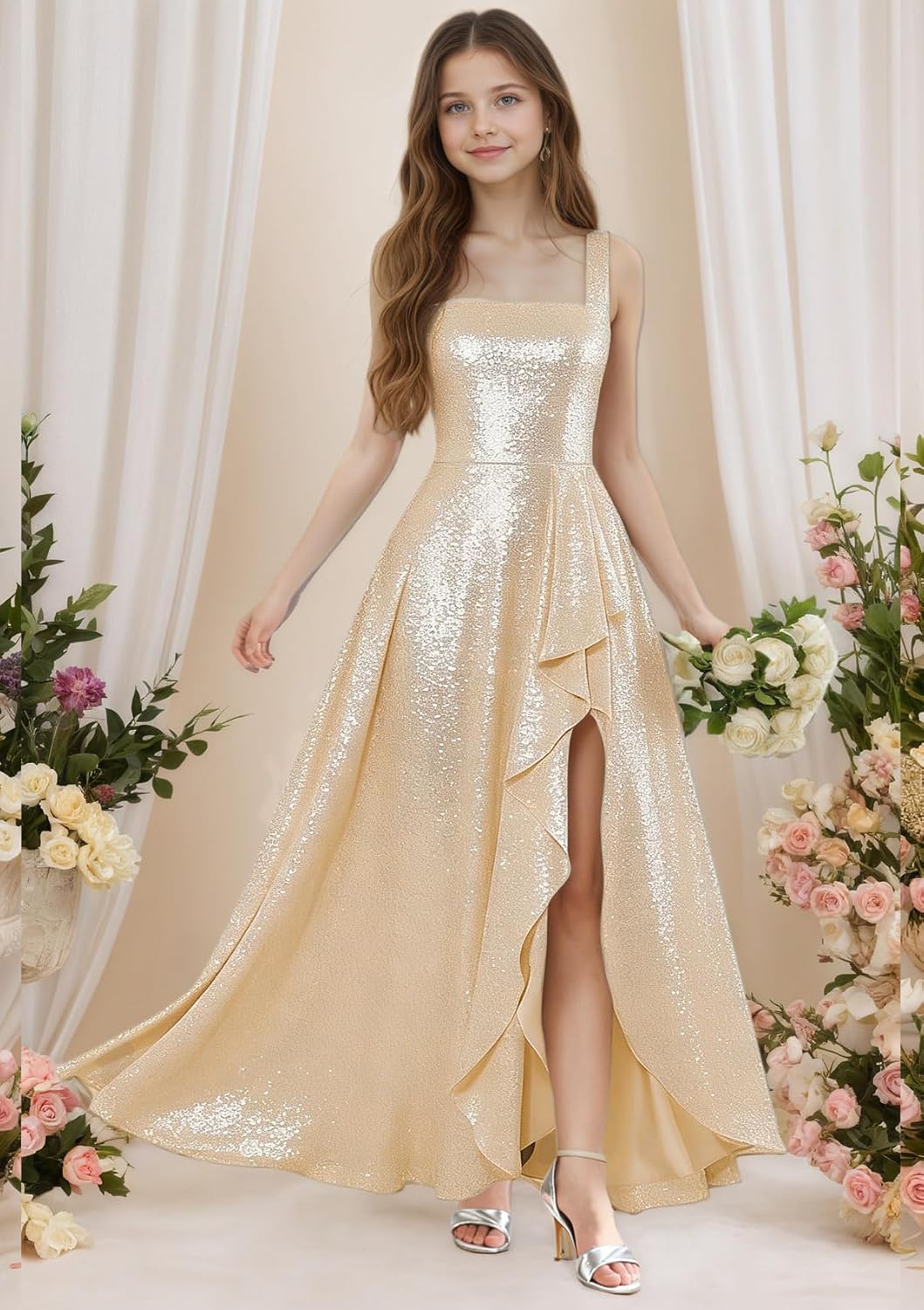 Junior Bridesmaid Dresses Sequin Spaghetti Strap Flower Girl Dress for Wedding Ruffle Slit Girls Prom Gown