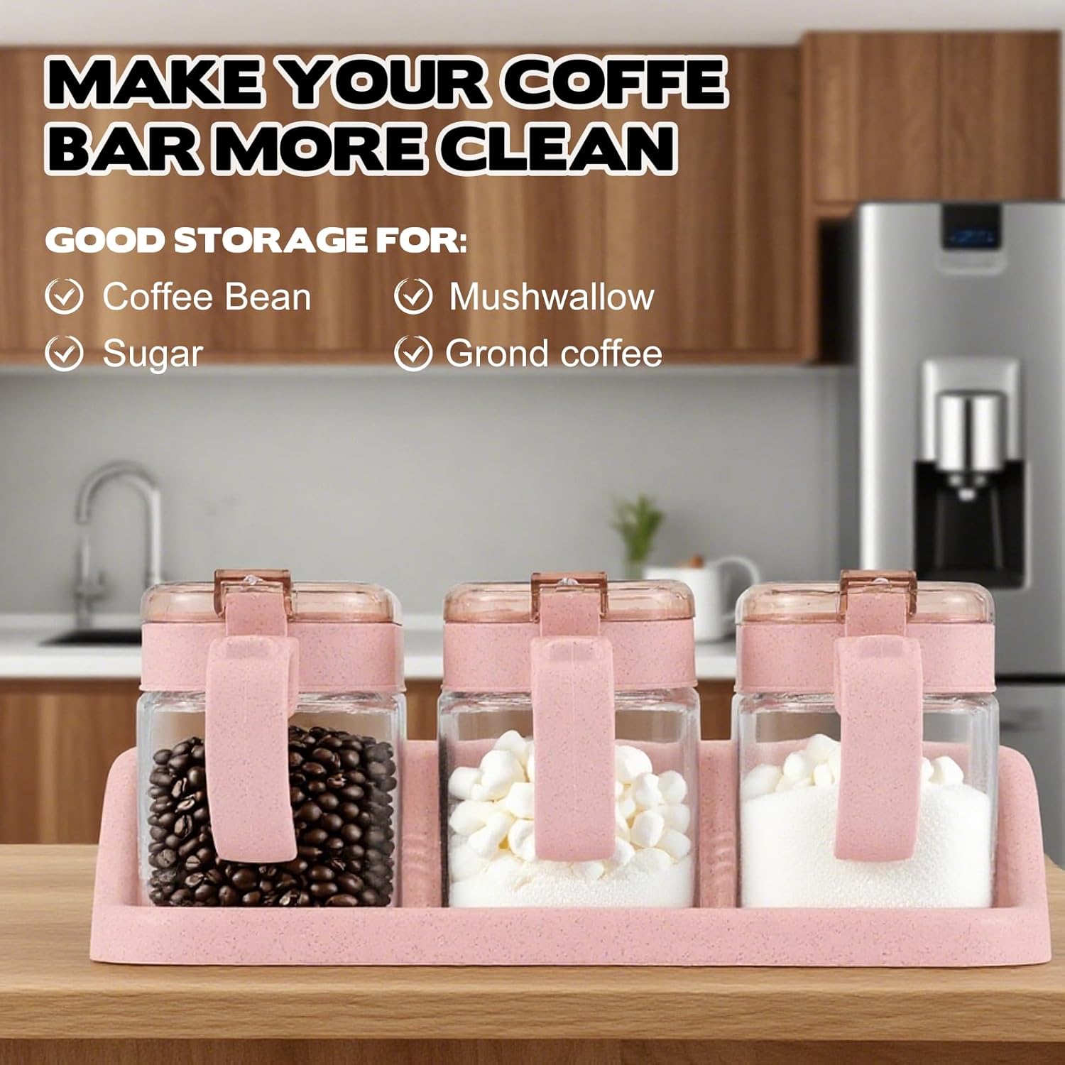 3 Pcs Pink Sugar Coffee Container Set, Glass Transparent Spice Jar, Coffee Station Organizer Set, Includes Label Stickers and Whiteboard Markers for Coffee Beans, Oats, Sugar (with base)