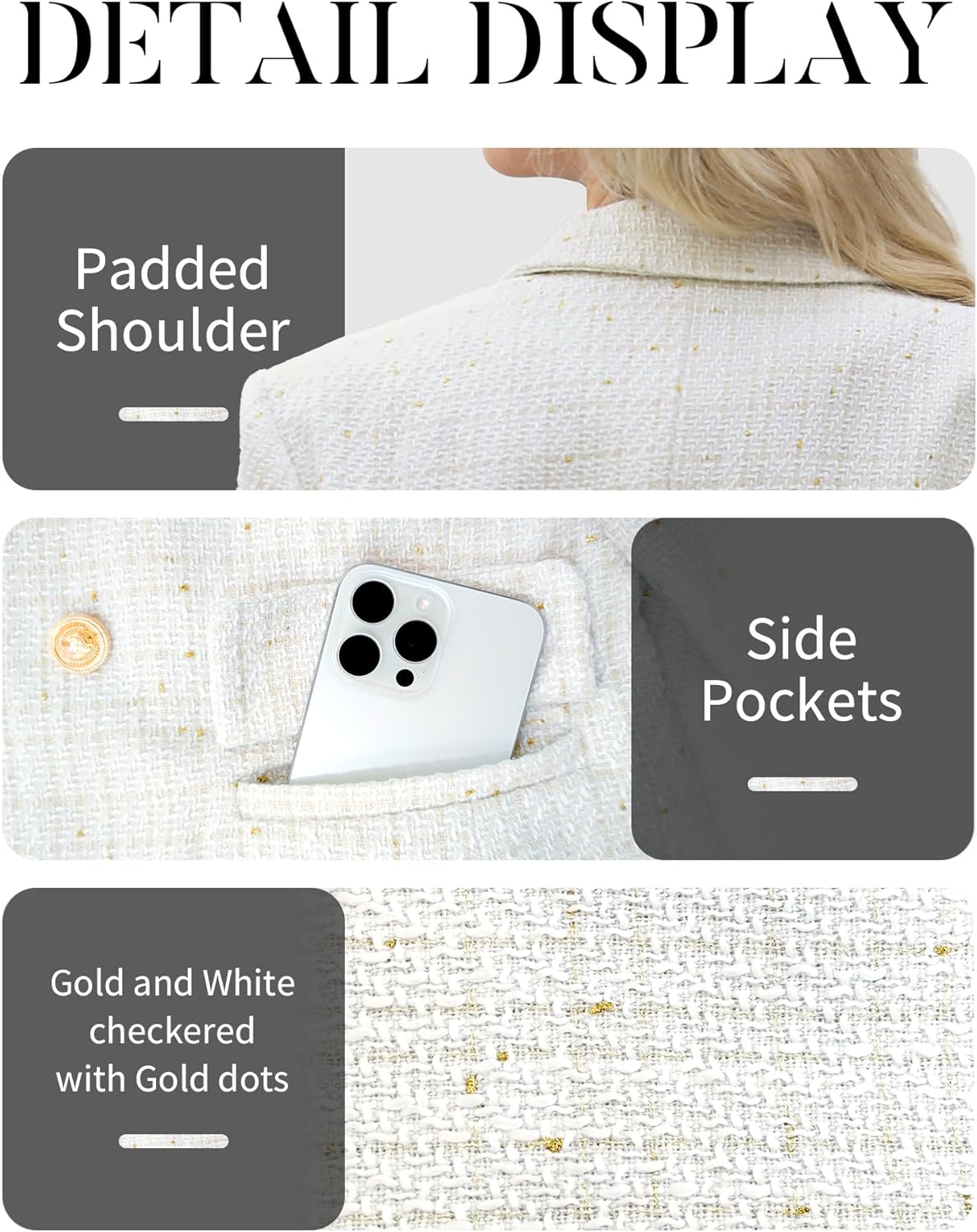 ELLEVEN Women's Tweed Blazers Business Casual - Long Sleeve Double Breasted Jackets Open Front Work Suits - Image 5