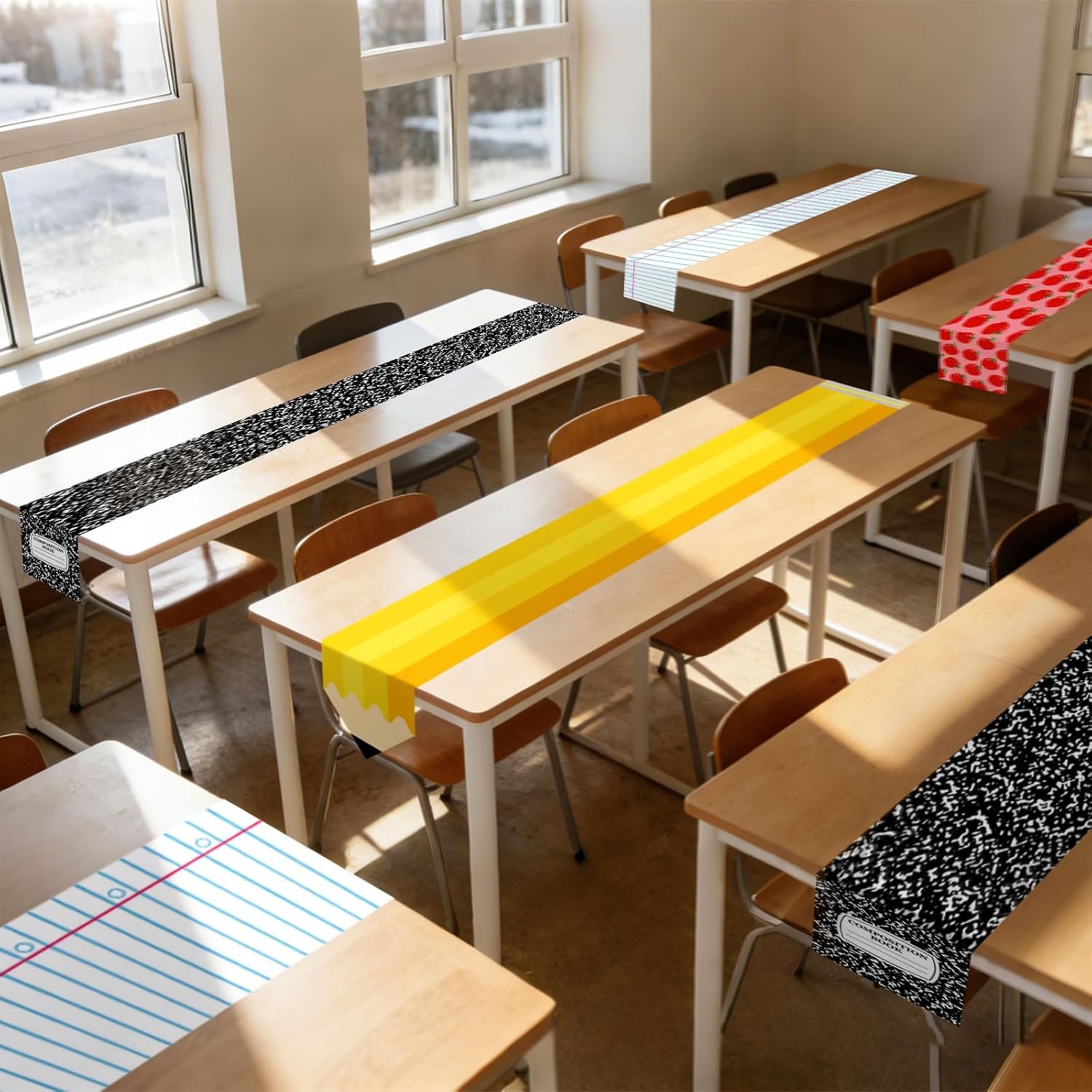 JarThenaAMCS 4 Pcs Back to School Table Runner Composition Notebook Pencil Apples Table Cloth for First Day of School Preschool Kindergarten Classroom Dining Room Party Decor, 13 x 72 Inch