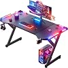 HLONONE Gaming Table with LED Gaming Desk 160 x 60 cm Sturdy Computer Desk with Carbon Fibre Coating Gamer Table with Cup Holder and Headphone Hook Black