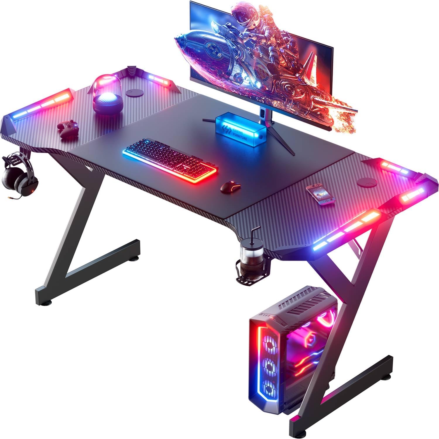 120 x 60cm Gaming Desk with LED Lights, Computer Gaming Table, Sturdy PC Desk for Home Office, Gamer Table with Headphone Hook and Cup Holder, Black