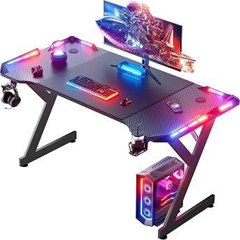HLONONE Gaming Table with LED Gaming Desk 160 x 60 cm Sturdy Computer Desk with Carbon Fiber Coating Gamer Table with Cup Holder and Headphone Hook Black