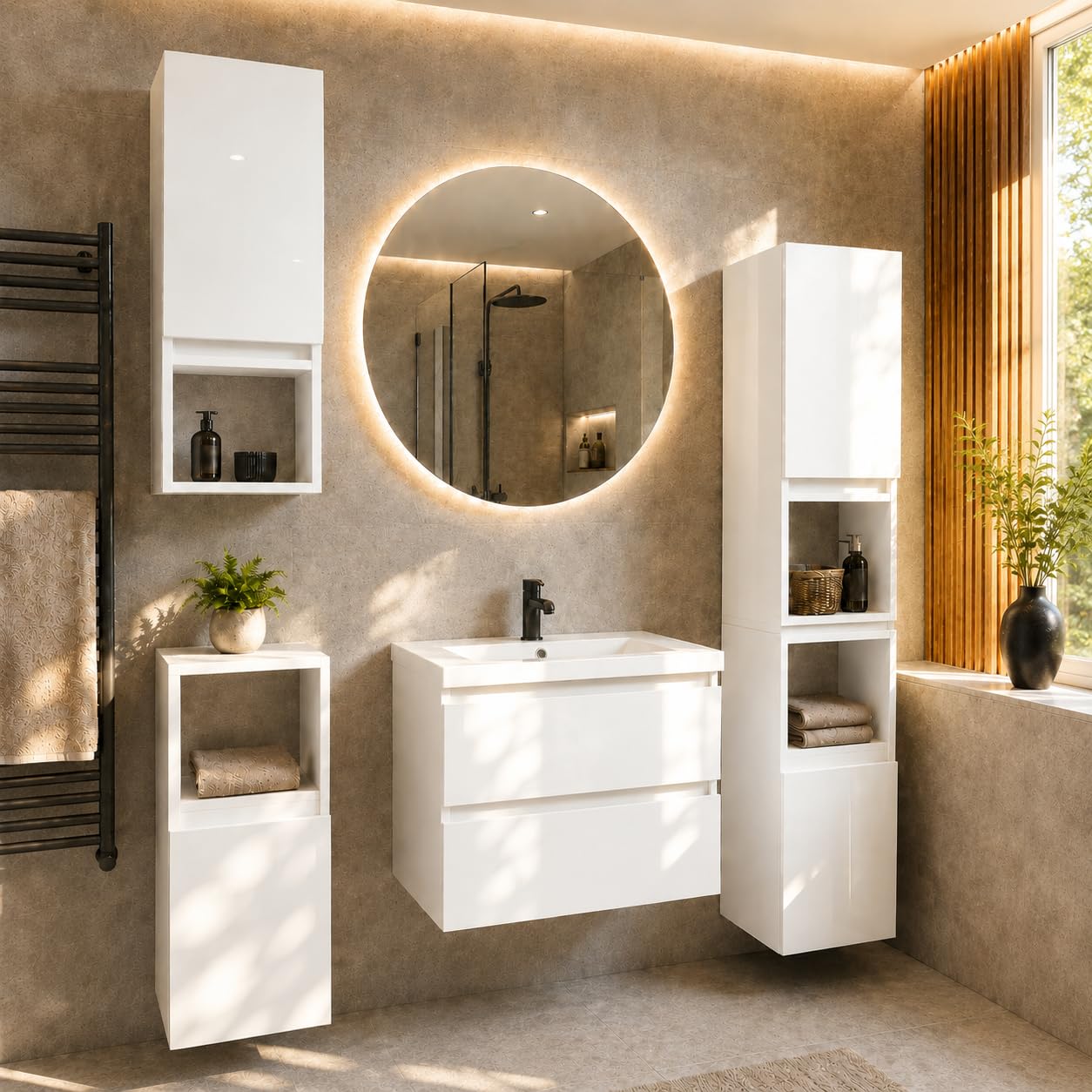 Badezimmerschrank Stehend Ariza, Hochglanz Weiß, MDF 18 mm, Soft-Close Türen, 6 Regale, 161 x 28 x 25 cm, Midischrank, Gäste WC & Bad für Kosmetik, Hängend, Links rechts
