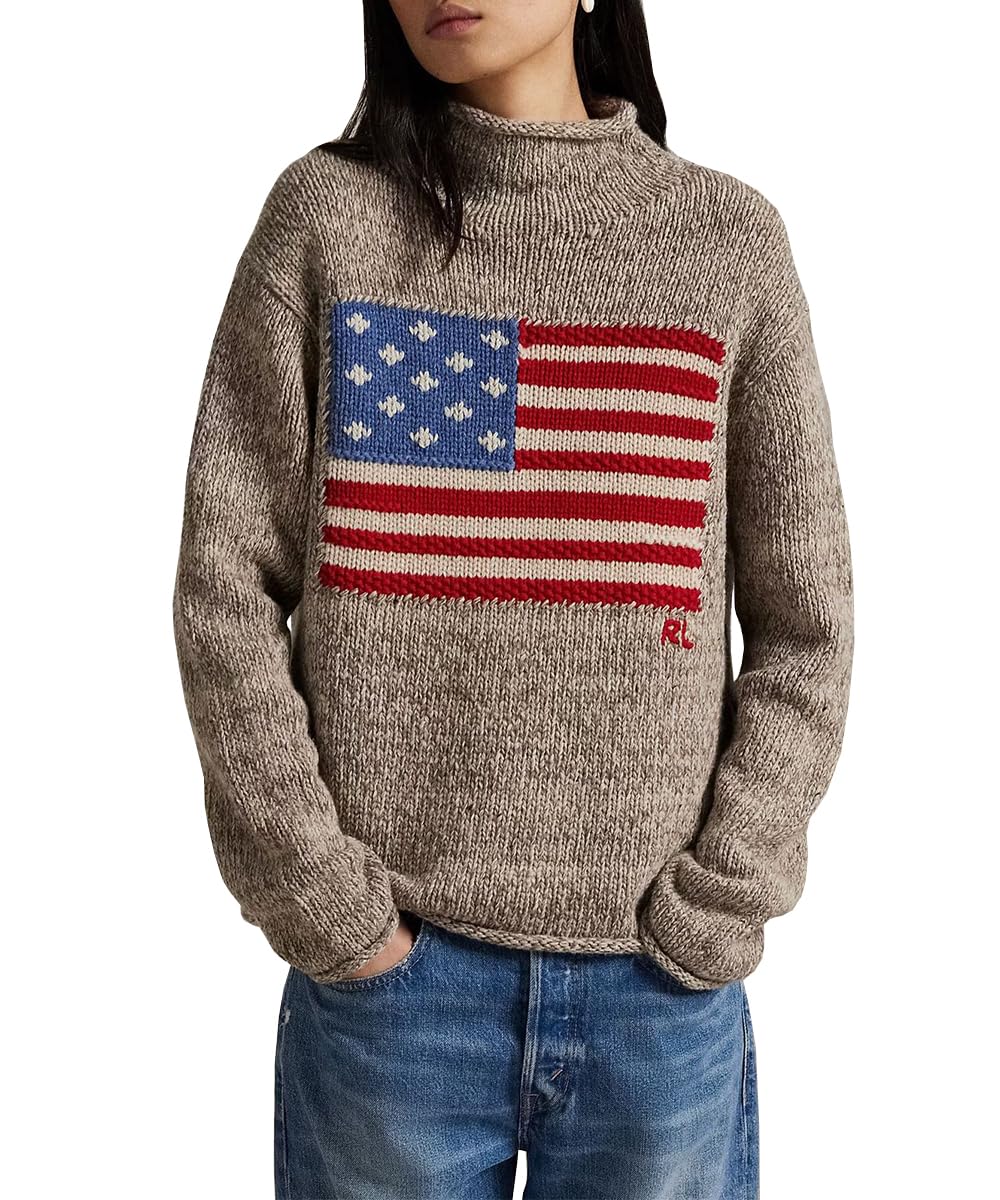 Womens Vintage American Flag Sweater Long Sleeve Turtleneck Knitted Casual Soft Lightweight Pullover Sweater