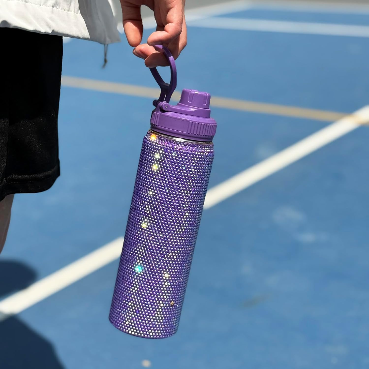 22oz Stainless Steel Bling Crystal Water Bottle Rhinestone Vacuum Insulated Bottle with Spout Lid Reusable Double-Wall Glitter Sport Bottle Gift for Women Girl (Violet) - Image 6
