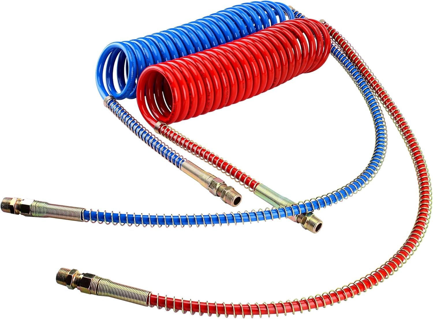 15' Coiled Air Line Assemblies,Red & Blue Truck Trailer Coiled Air Hose Kit for Semi Truck Tractor Trailer,1/2" NPT Fittings(1 X 12" 1 X 40"Leads）