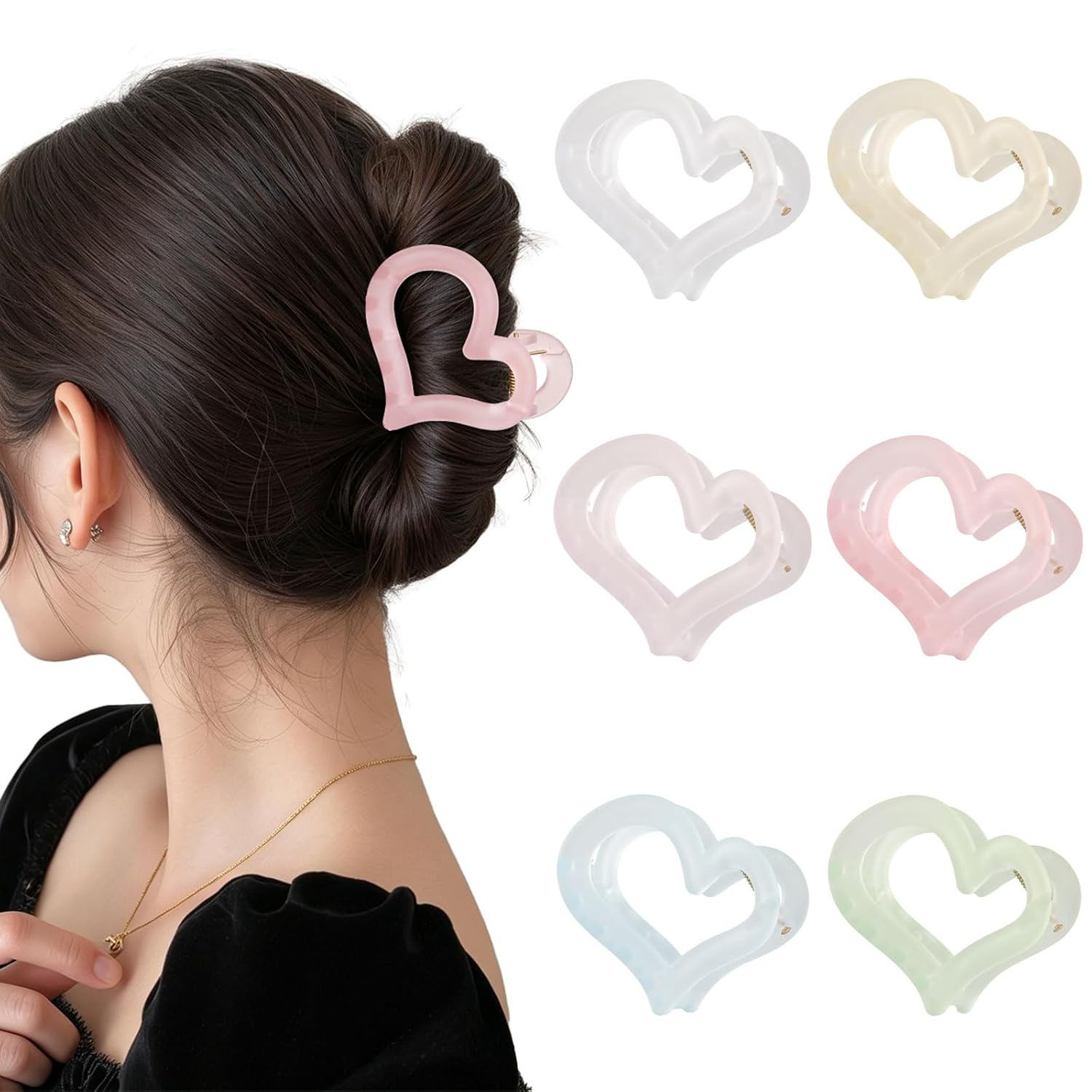 6 Pcs Heart Hair Claw Clips for Women-Medium Matte Nonslip Hair Heart Clips for Thin Thick Hair Cute Claw Hairpins for Women and Girls（Jelly color)