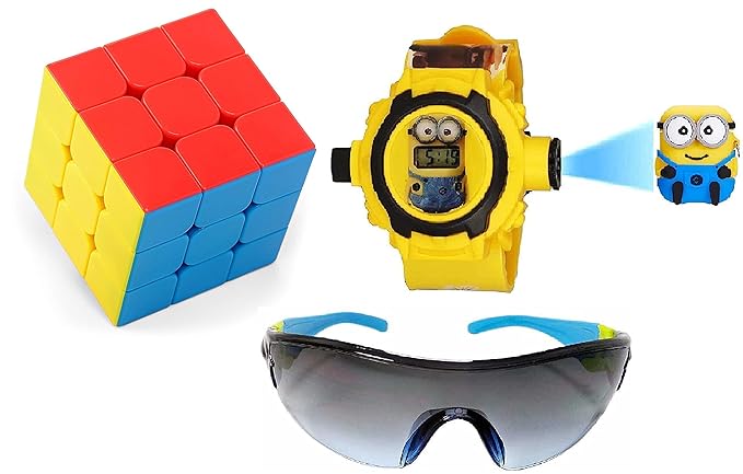 SELLORIA BRAND A Digital 24 Images Minions Projector Watch for Kids Watch WITH CUBE Wayfarer Sunglasses BLUE Boys Watch & Girls Watch, Diwali Gift, Birthday Returned Gifts(Colour May Vary)