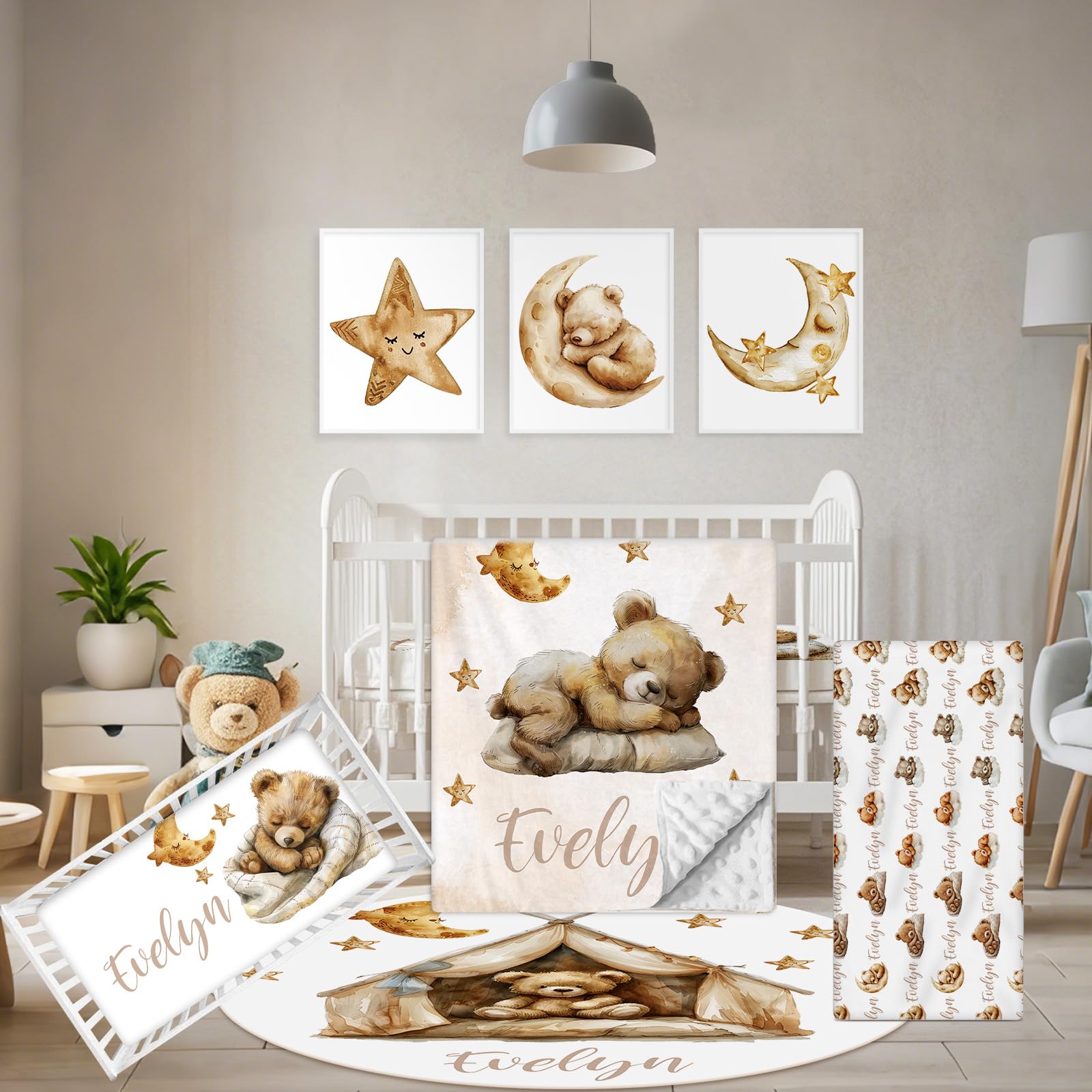 Personalized Baby Bedding Set 5 Pcs Custom Baby Crib Sets with Name Bear Toddler Bedding Set for Baby