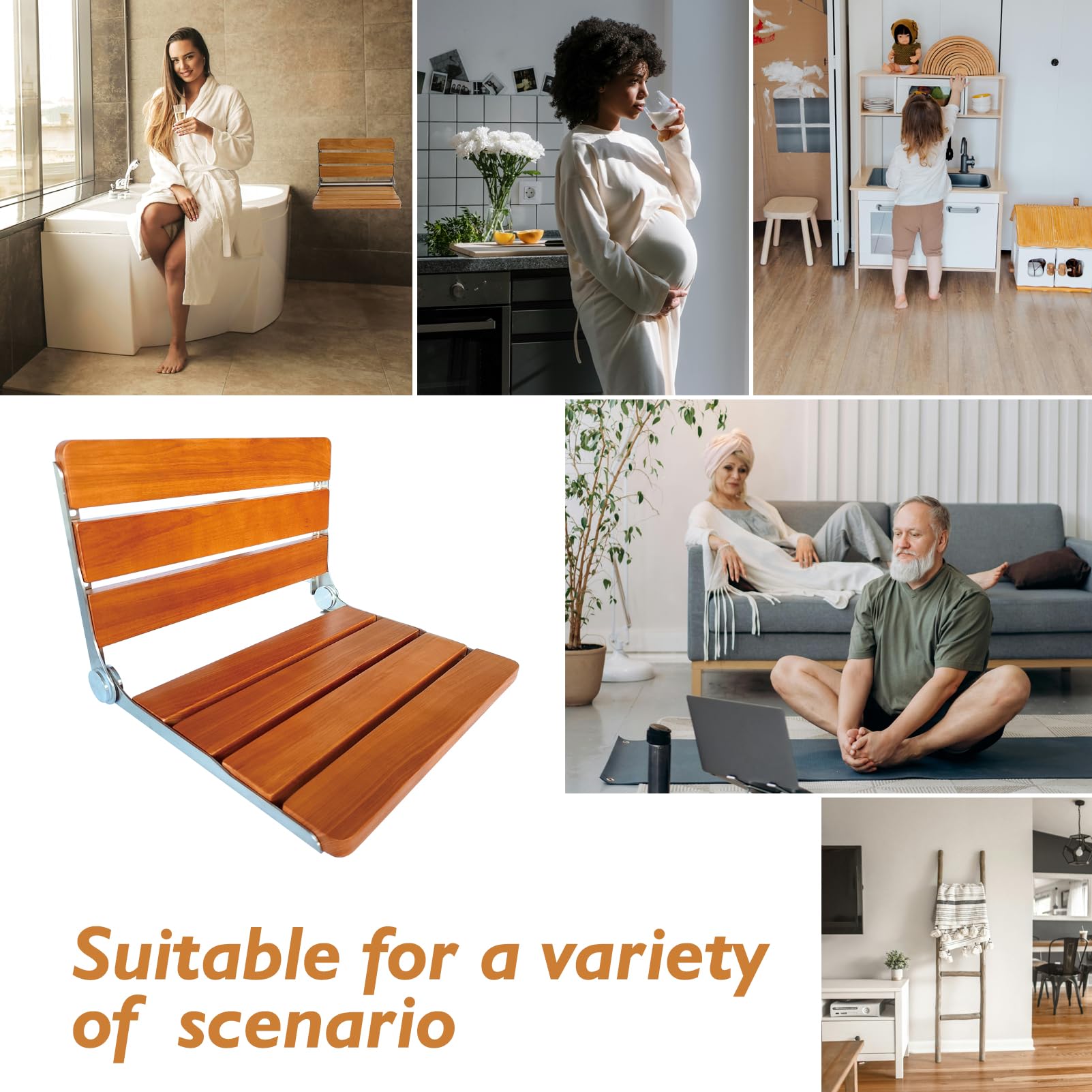 Asiento de ducha plegable montado en la pared, silla plegable de ducha Bech marco de acero inoxidable 316, asiento de ducha plegable de madera de teca 450 libras, 1 paquete