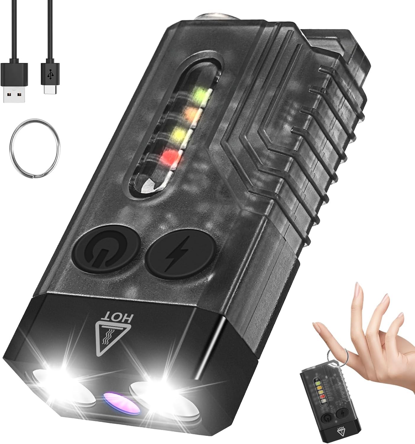 [Upgrade]Small Powerful EDC Flashlight, Super Bright 1000 LM Rechargeable LED Keychain Flash Light with 365nm UV Red Green Blue Light, Mini Pocket COB Side Tail Magnet - 14 Modes, IPX4 (Black)