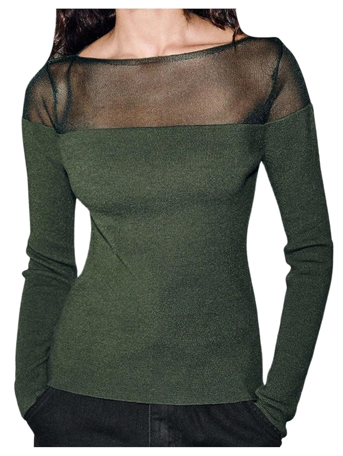 SHENHE Womens Sparkly Sweater Sheer Mesh Boat Neck Dressy Fashion Fall Knit Sweater Jumper