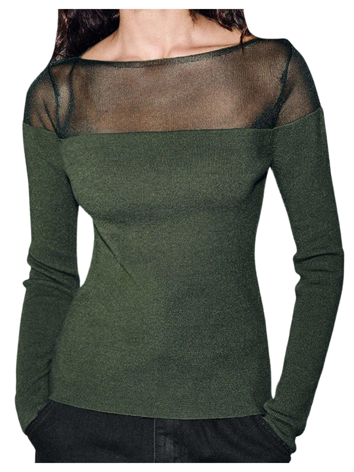 SHENHE Womens Sparkly Sweater Sheer Mesh Boat Neck Dressy Fashion Fall Knit Sweater Jumper