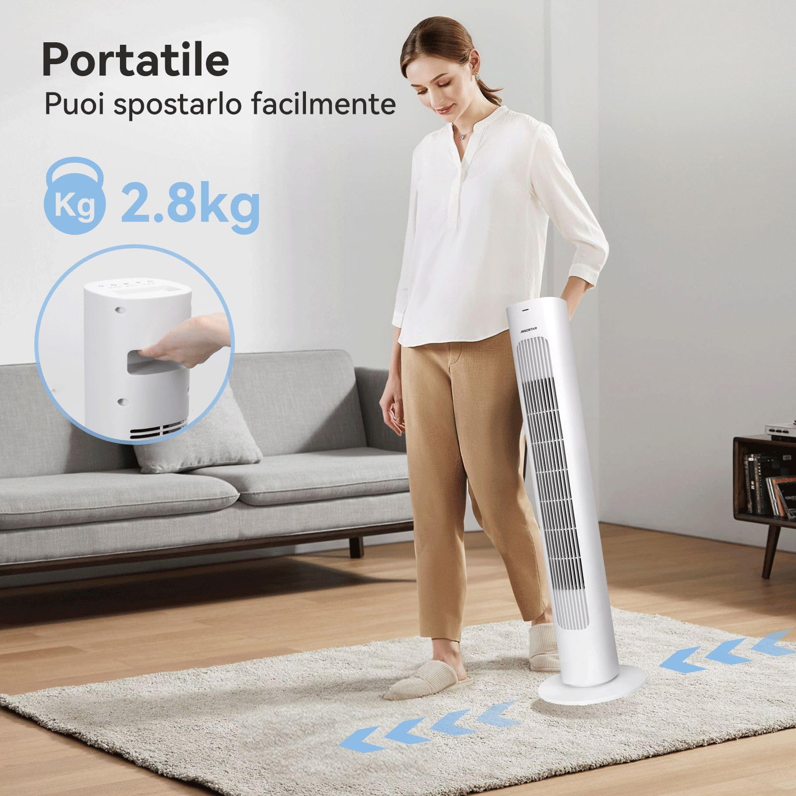 Aigostar Robert - Ventilatore a Torre con Telecomando e 3 Velocità e 3 Modalità di Vento, Ventilatore Senza Pale, Timer, 50W, Oscillazione a 70°, Display LED, Adatto per Casa e Ufficio, Bianco
