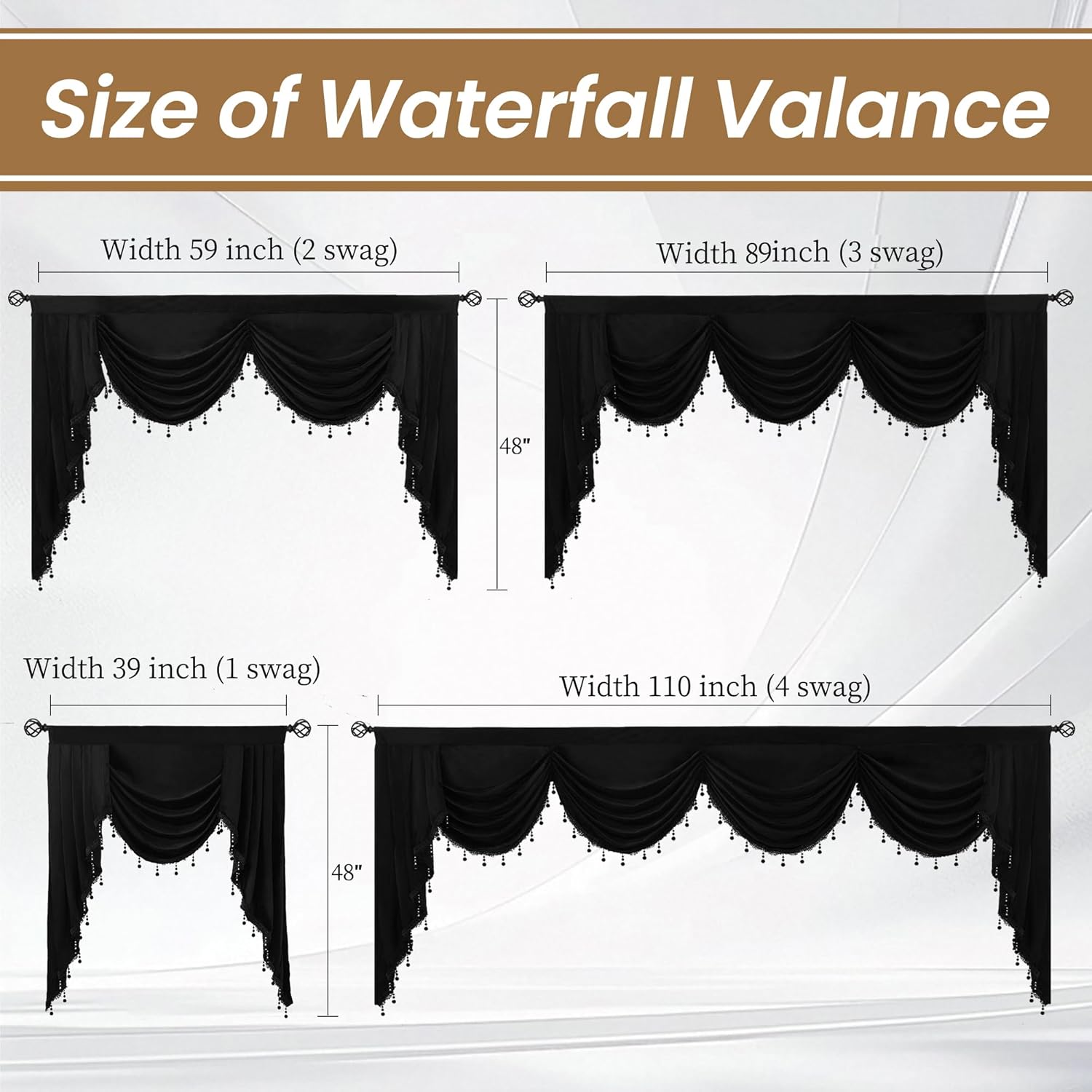 Velvet Curtain Valance, Soft Touch Rod Pocket Valance Curtains with Bead Tassels Perfect for Kitchen and Living Room（Black, 59inch Width）